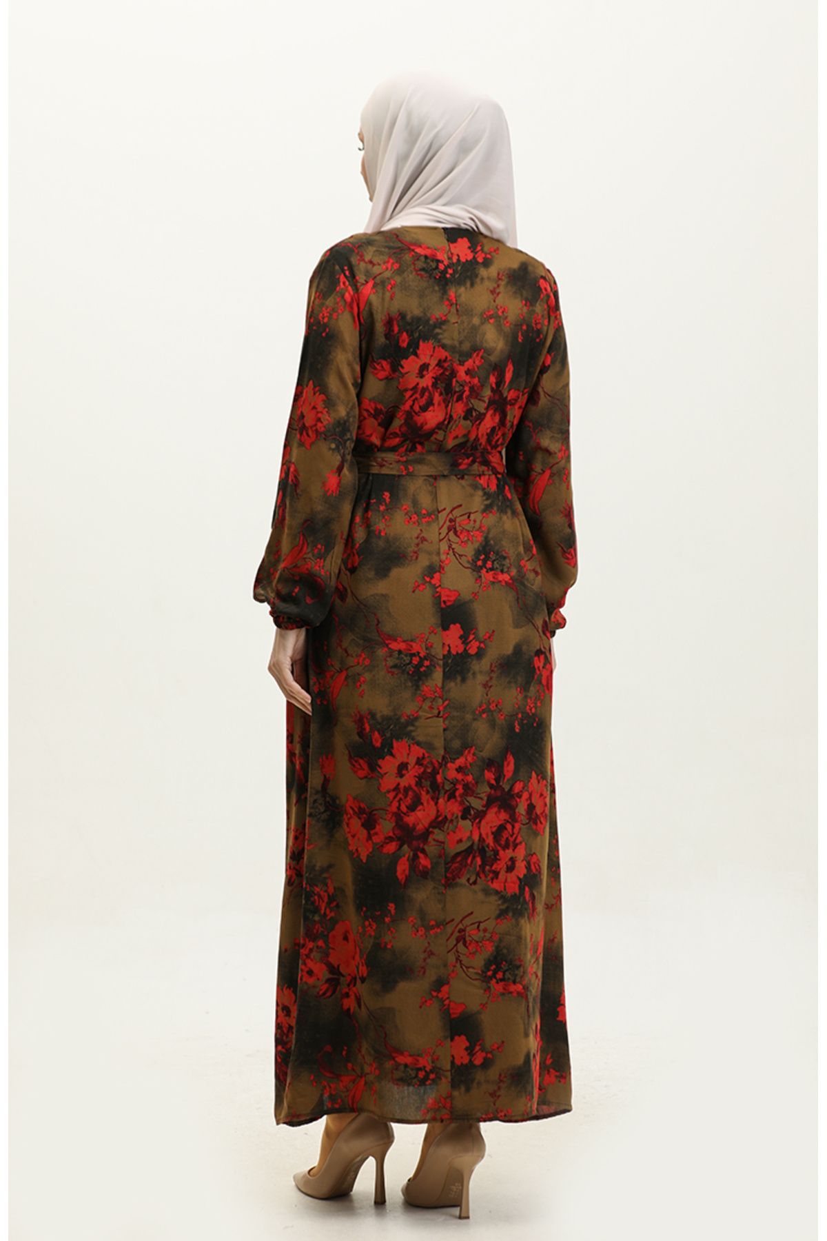 sefamerve-Ahsen Viscose Dress - Floral Pattern, Henna Green and Red 0329-01 5