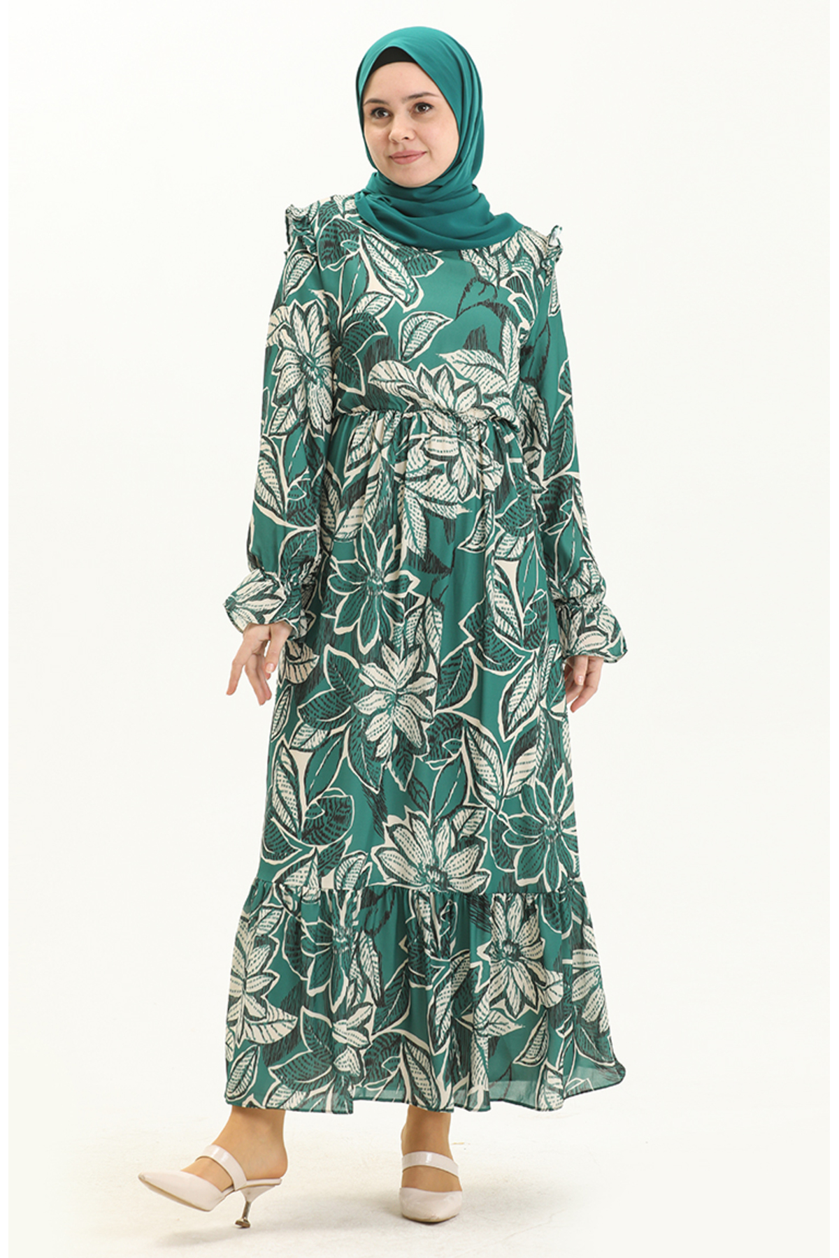 sefamerve Patterned ruffled dress 5951-01 emerald green
