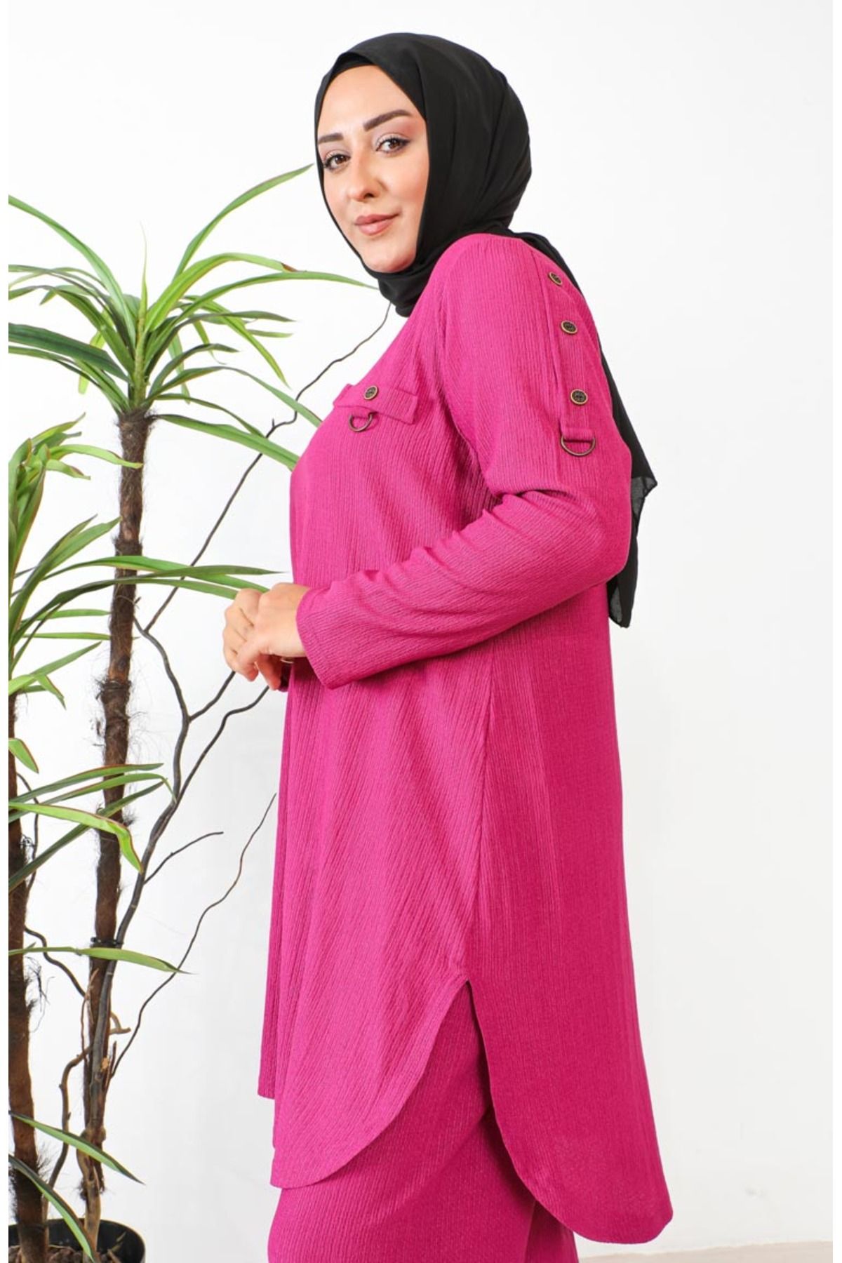 sefamerve-Fuchsia Tunic and Trousers Plus Size Set 2691-09 4