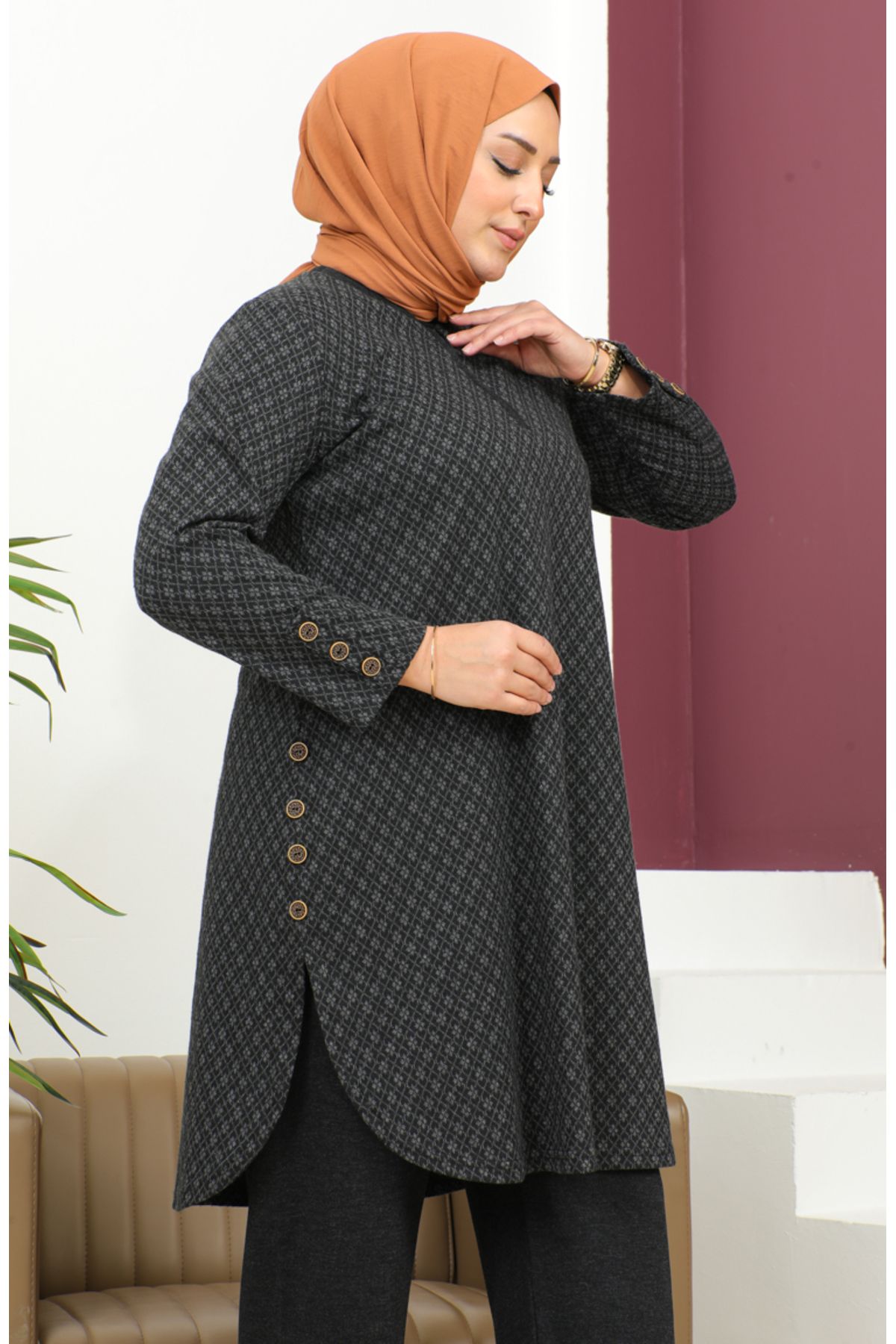 sefamerve-Motif Patterned Tunic Trousers Double Set 2692A-01 Black 4