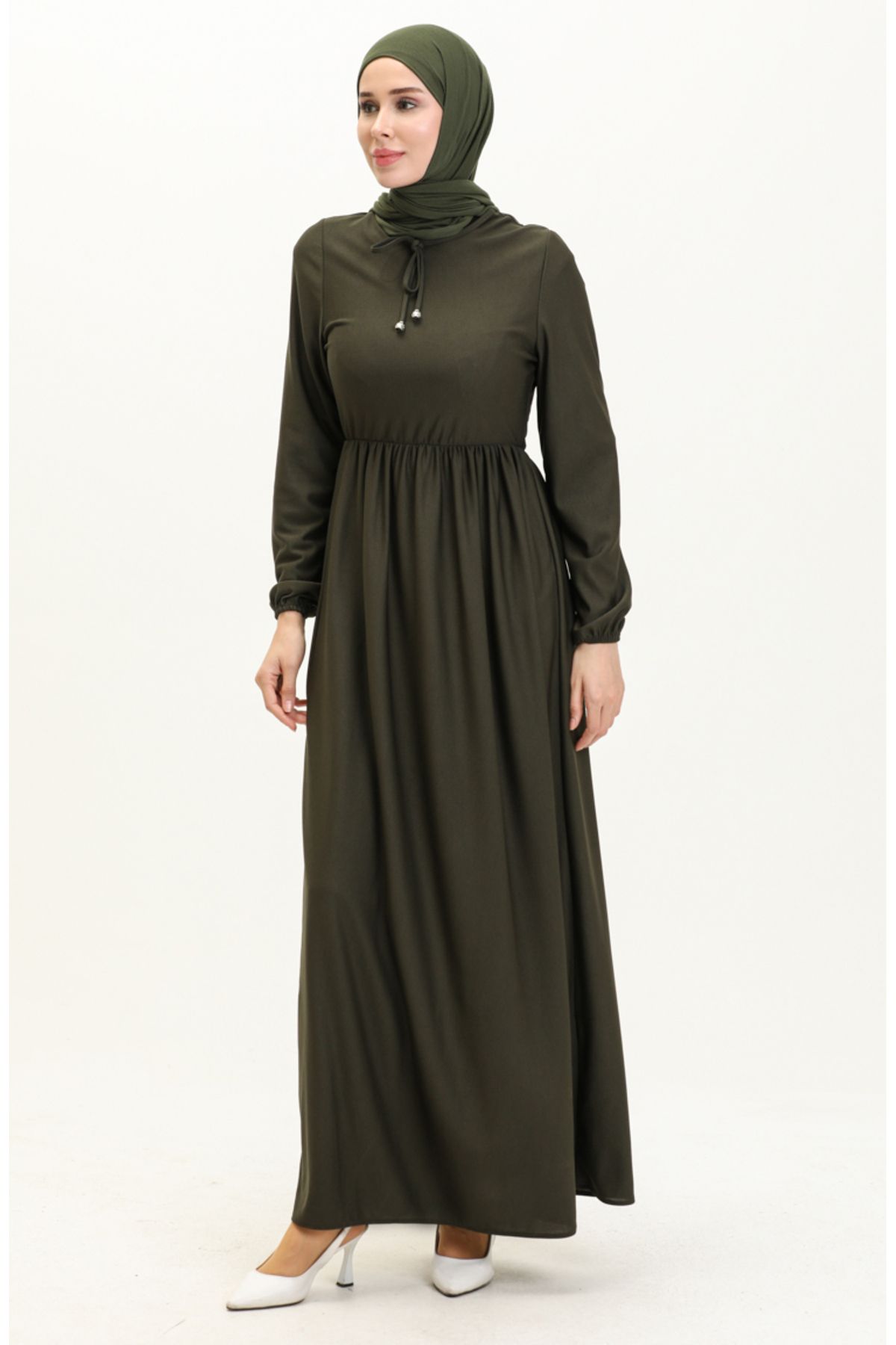 sefamerve-Khakifarbenes Kleid mit Kordelzug an der Taille – 0575-01 2