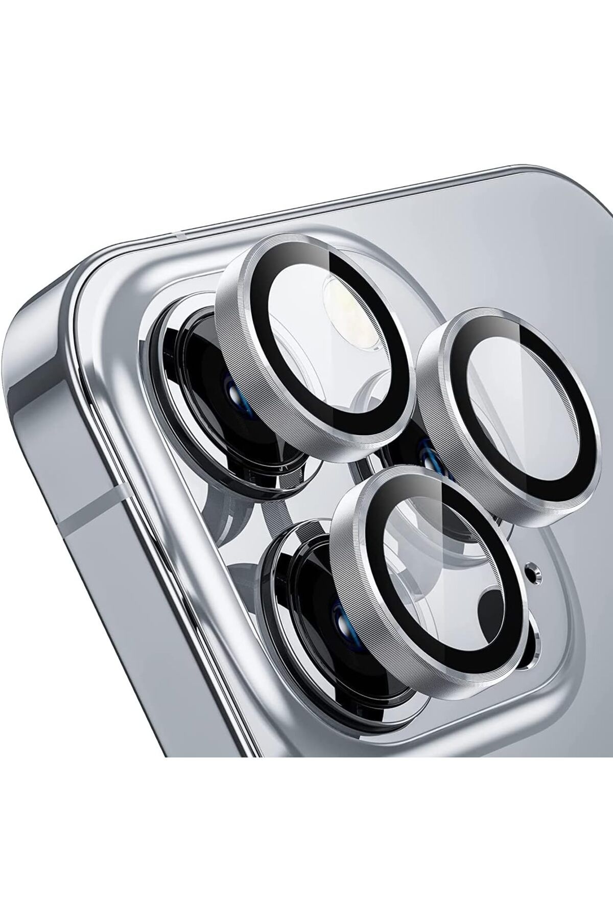 STOREMAX OZN iPhone 13 Pro / 13 Pro Max, 9H Safir Cam Kamera Metal Lens Koruyucu, BLLK, Gümüş OZNstre 1094