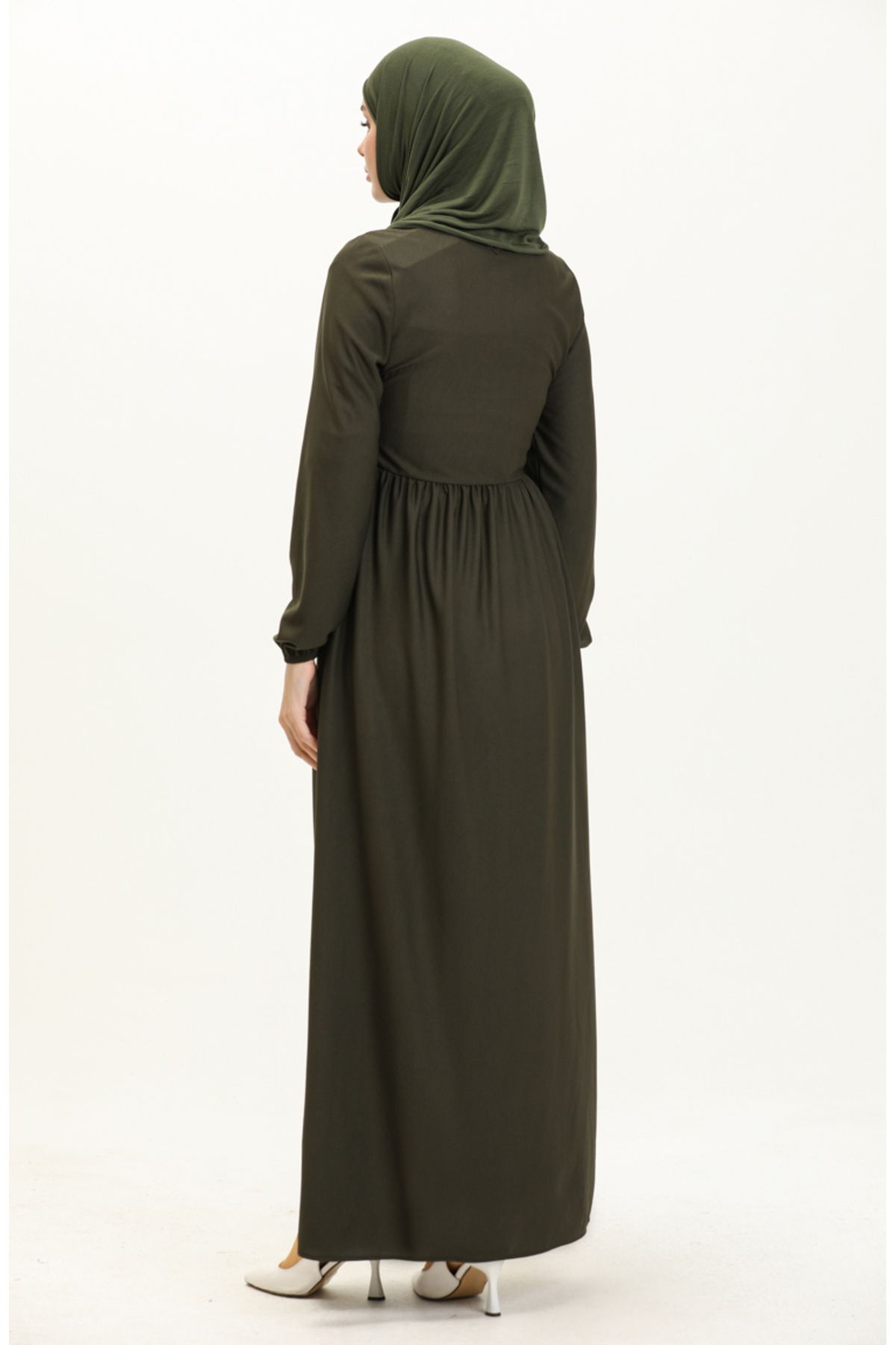 sefamerve-Khakifarbenes Kleid mit Kordelzug an der Taille – 0575-01 5