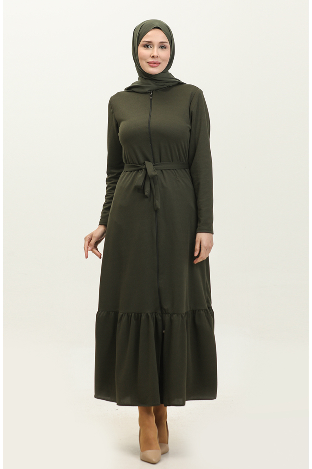 sefamerve-Khaki Ferace – mit Kordelzug am Saum und Gürtel 0703-03 1