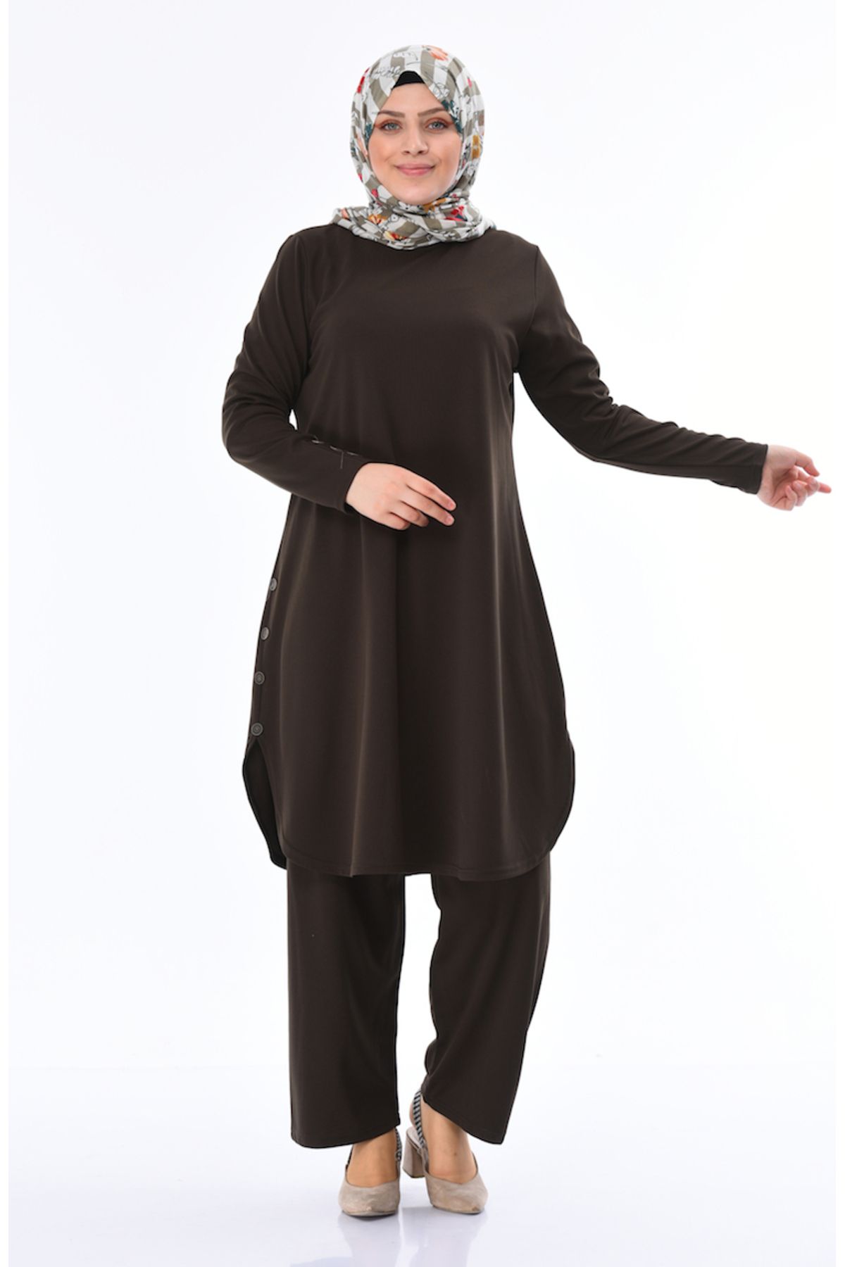 sefamerve-Khaki Tunic and Trousers Two Pieces Set - Button Detail, Large Size 2655-01 2