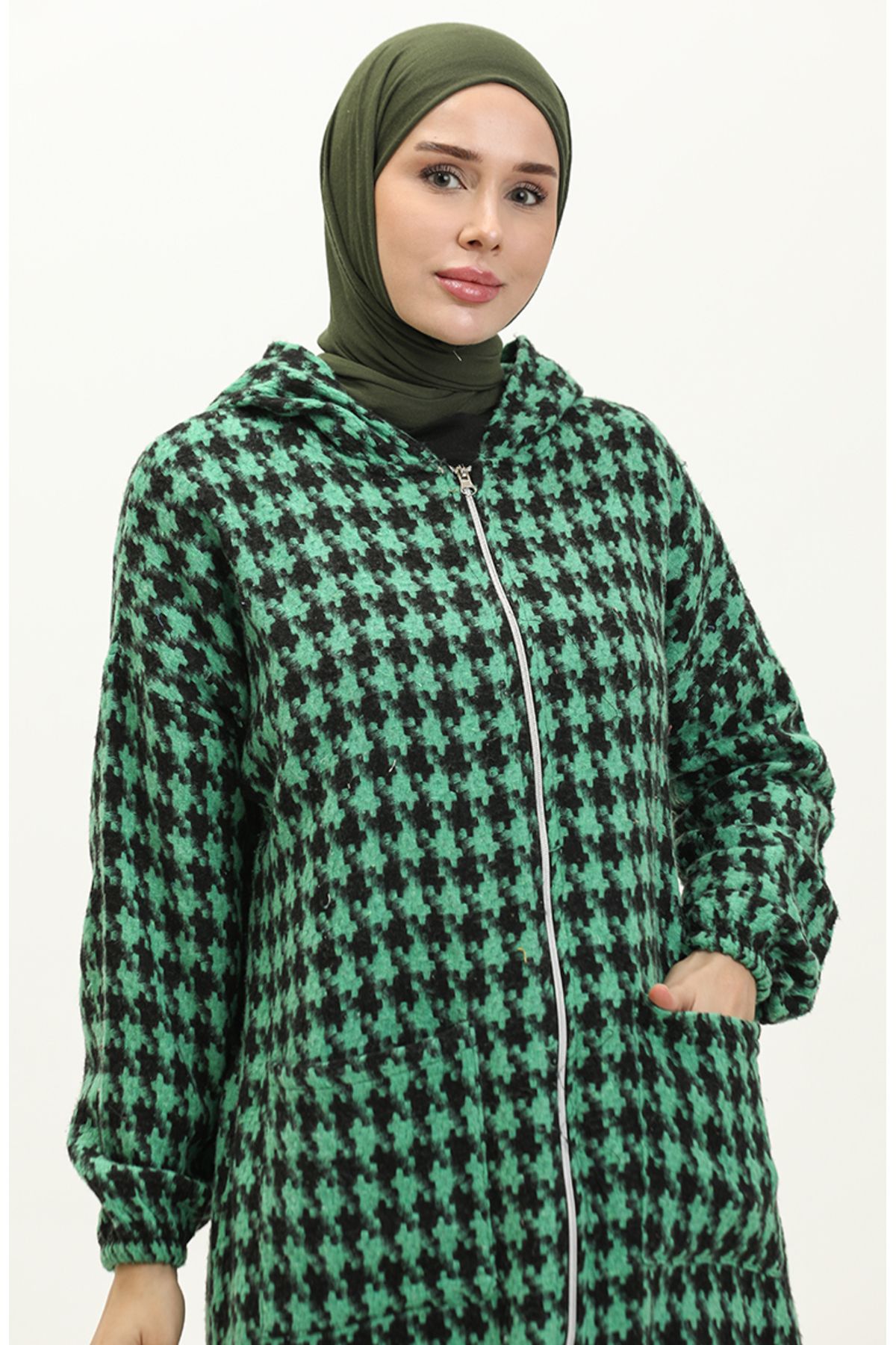 sefamerve-Emerald Green Houndstooth Patterned Zippered Cap - 0178-03 3