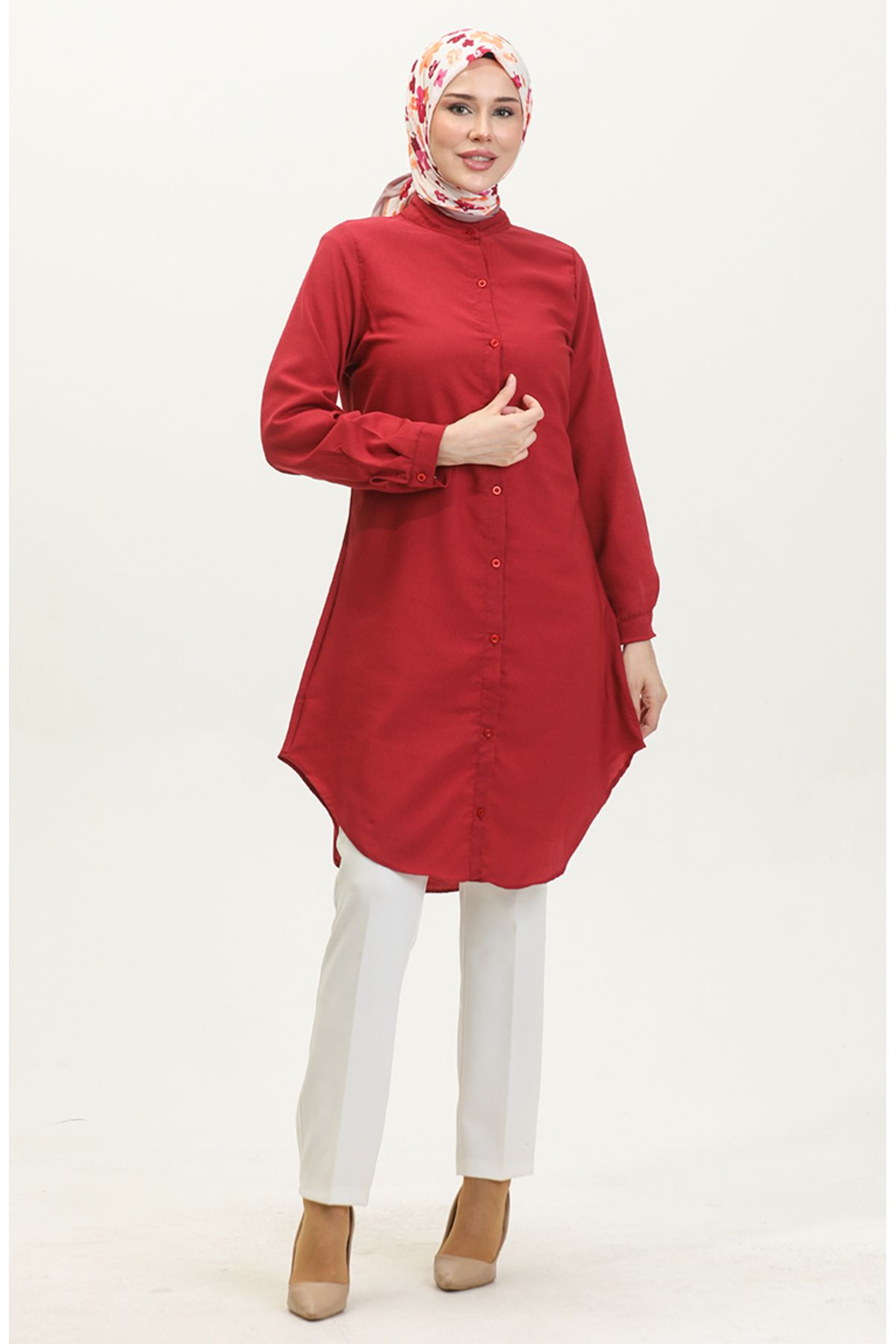 sefamerve-Claret Red Judge Collar Buttoned Tunic 6112-09 3