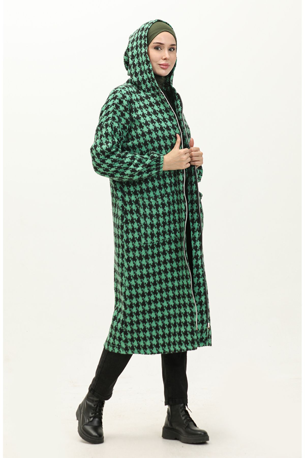 sefamerve-Emerald Green Houndstooth Patterned Zippered Cap - 0178-03 2