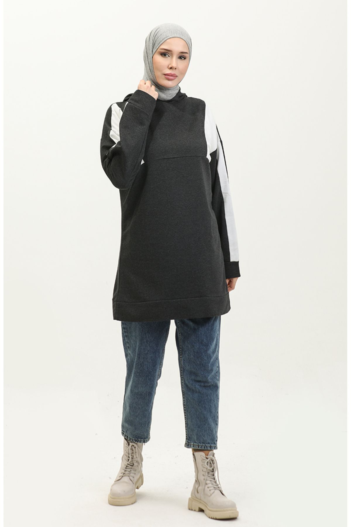 sefamerve-Anthracite Hooded Sweatshirt - 23080-02 2