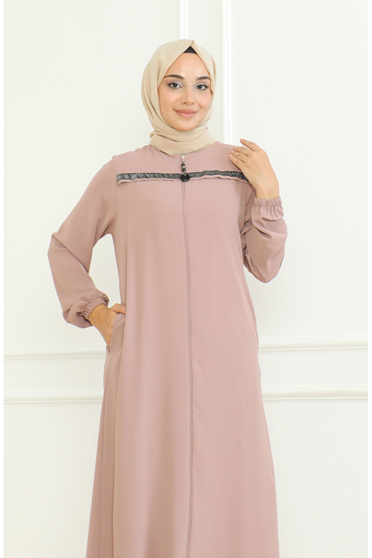 sefamerve-Mink Colored Ferace with Zipper and Elastic Arm - 0475-08 3
