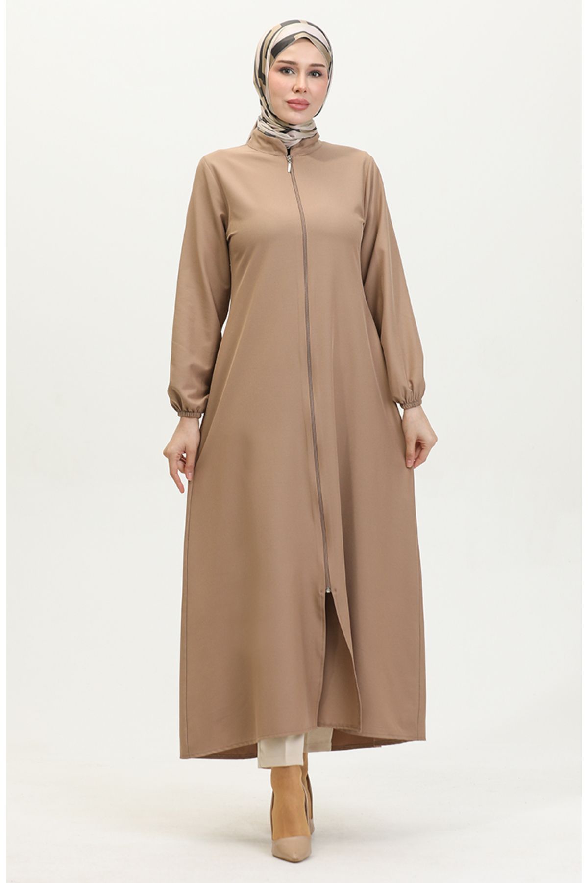 sefamerve-Beige Plain Ferace - Arm End with Elastics and Zipper 1013-04 3