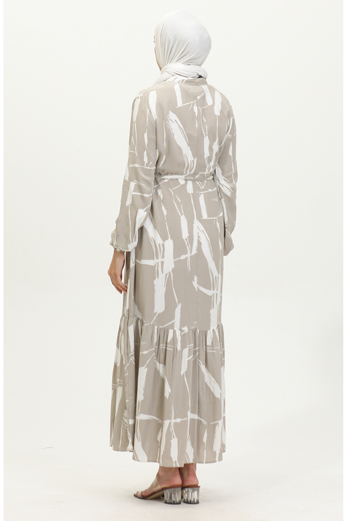 sefamerve-Mink Colored Viscose Dress - Brush Pattern and Drawstring 81869-02 6