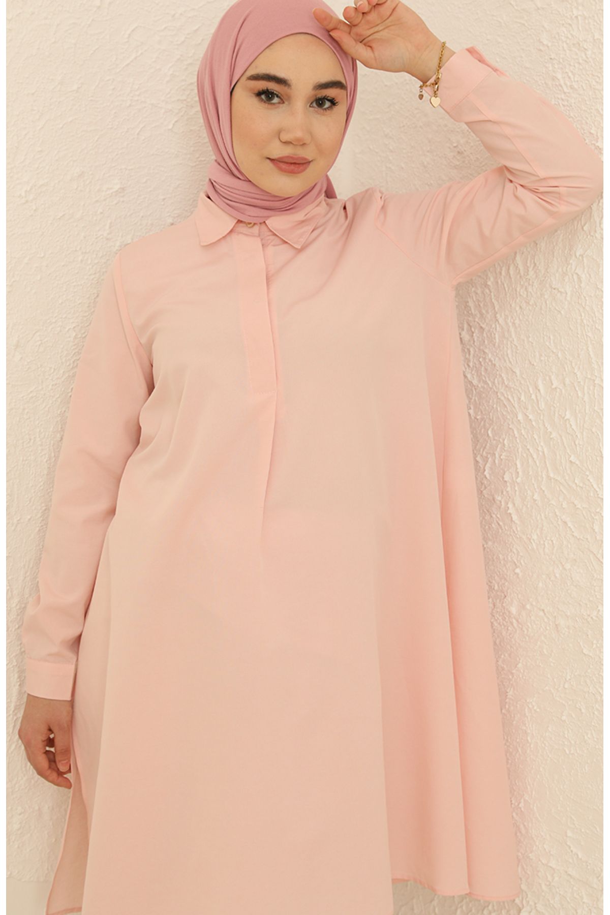 sefamerve-Salmon Tunic with Hidden Buttons and Slits 6478-17 5