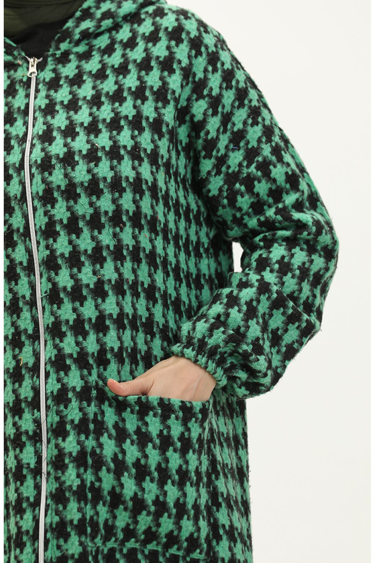 sefamerve-Emerald Green Houndstooth Patterned Zippered Cap - 0178-03 4