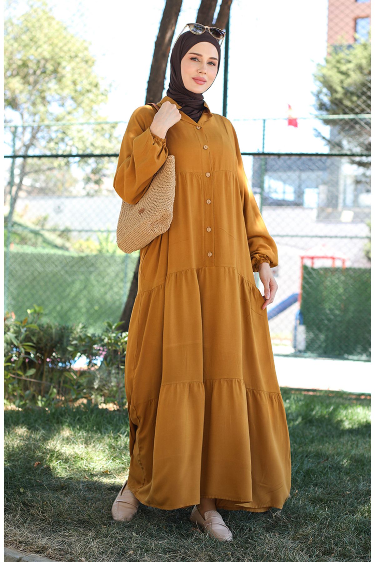 sefamerve-Tan 0463-06 Model Dress with Buttons and Elastic Sleeves 3