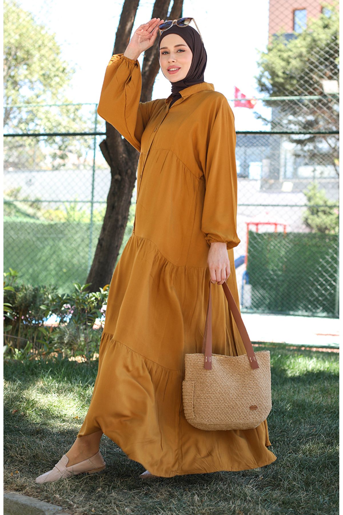 sefamerve-Tan 0463-06 Model Dress with Buttons and Elastic Sleeves 1