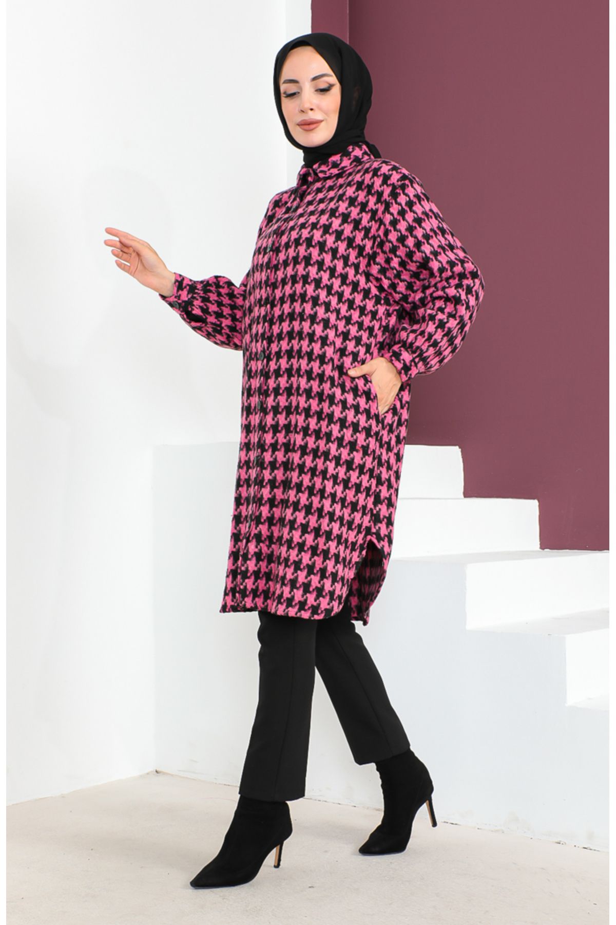 sefamerve-Fuchsia Houndstooth Patterned Tunic - 23k8763-01 3