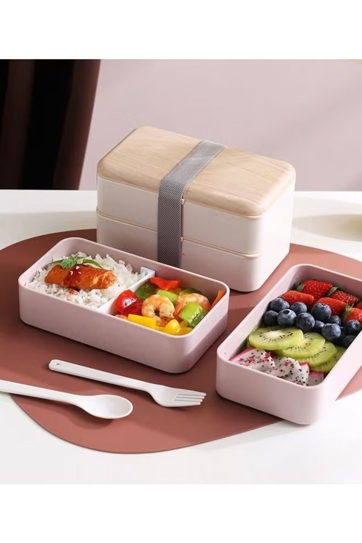 COOYA-Double Layer Lunch Box,Container Bundle Divider with Plastic Cutlery and Nylon Sealing Tape(1200ml) 4