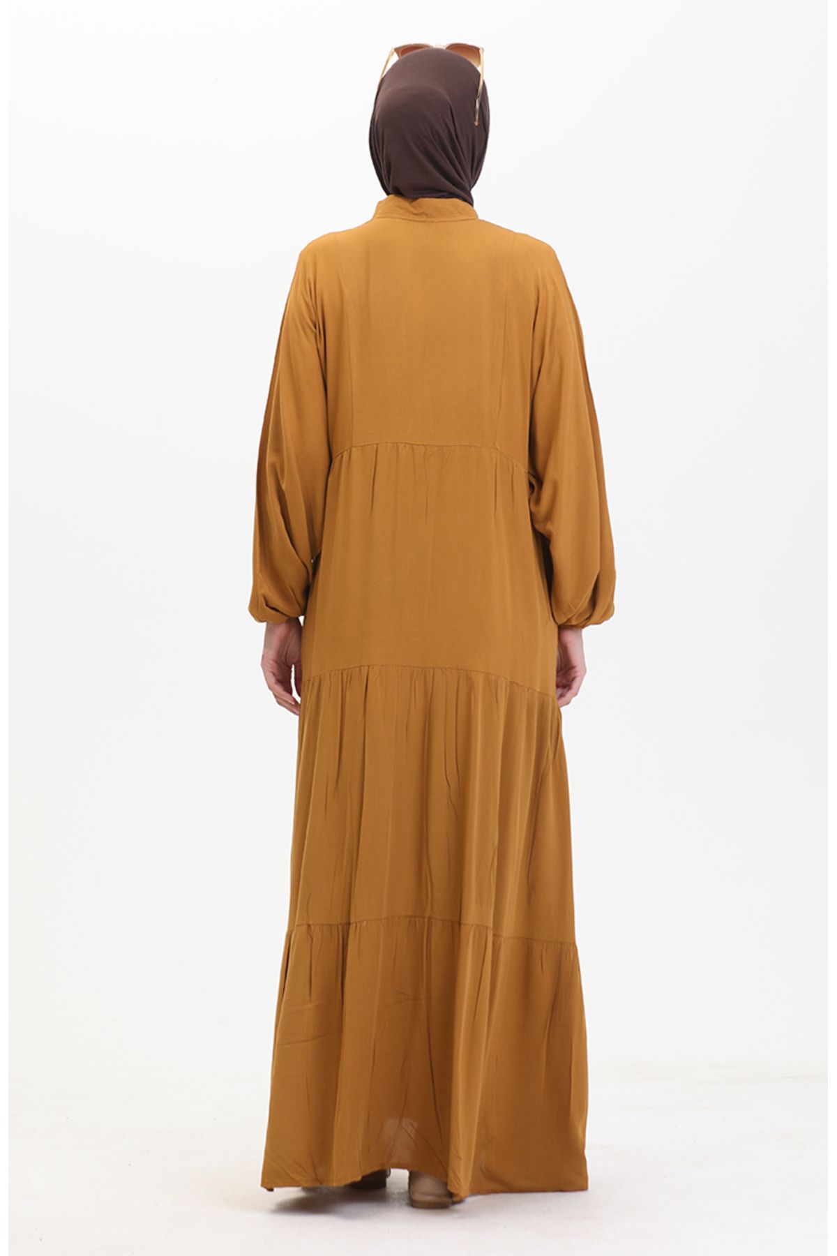 sefamerve-Tan 0463-06 Model Dress with Buttons and Elastic Sleeves 8