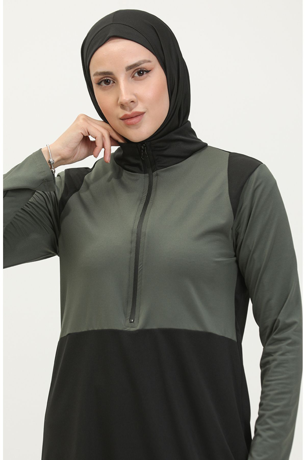 sefamerve-2317-04 Modell Khaki Schwarz Zipped Hijab Badeanzug 3