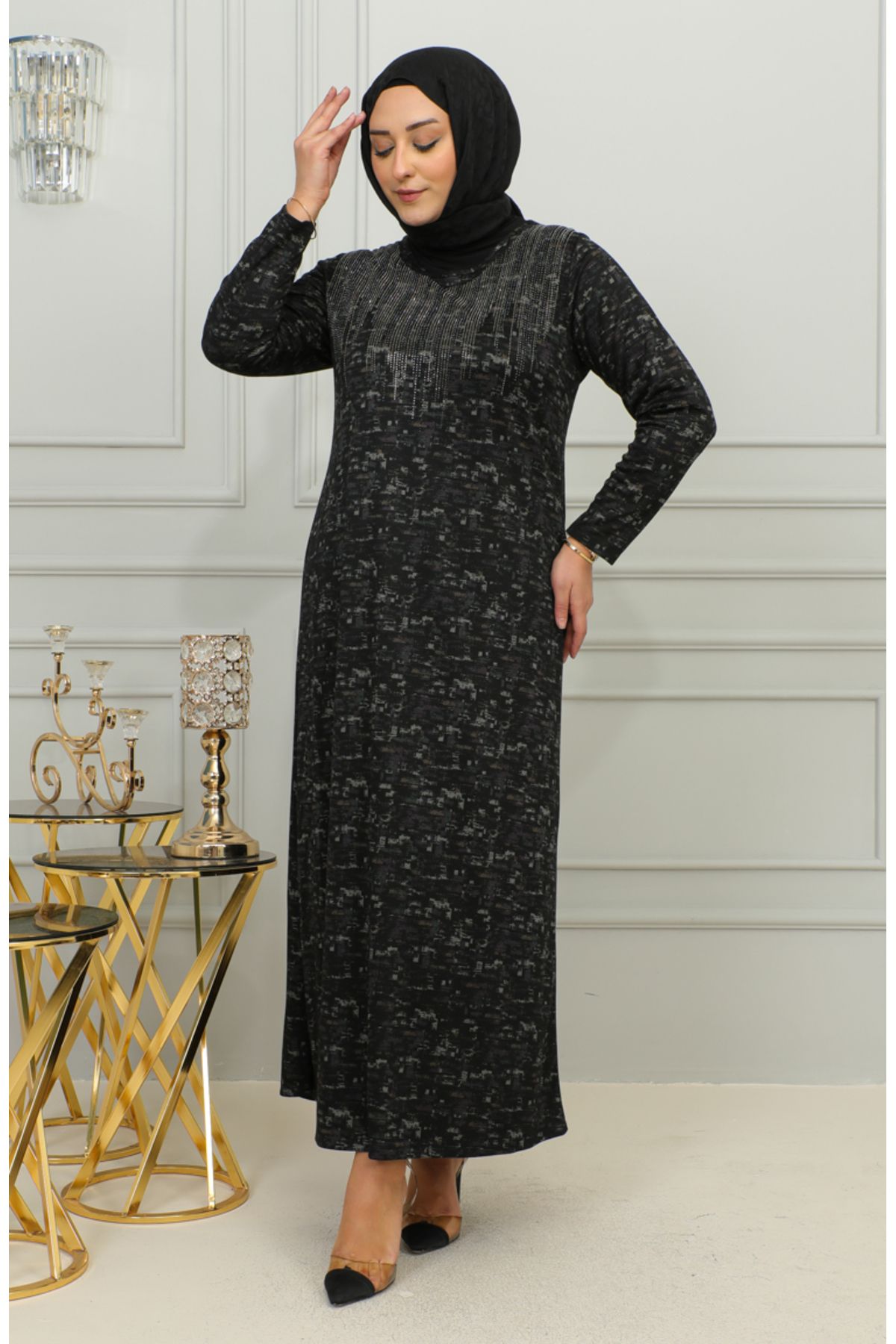 sefamerve-Plum Patterned Stone Printed Plus Size Dress - 4425C-04 2