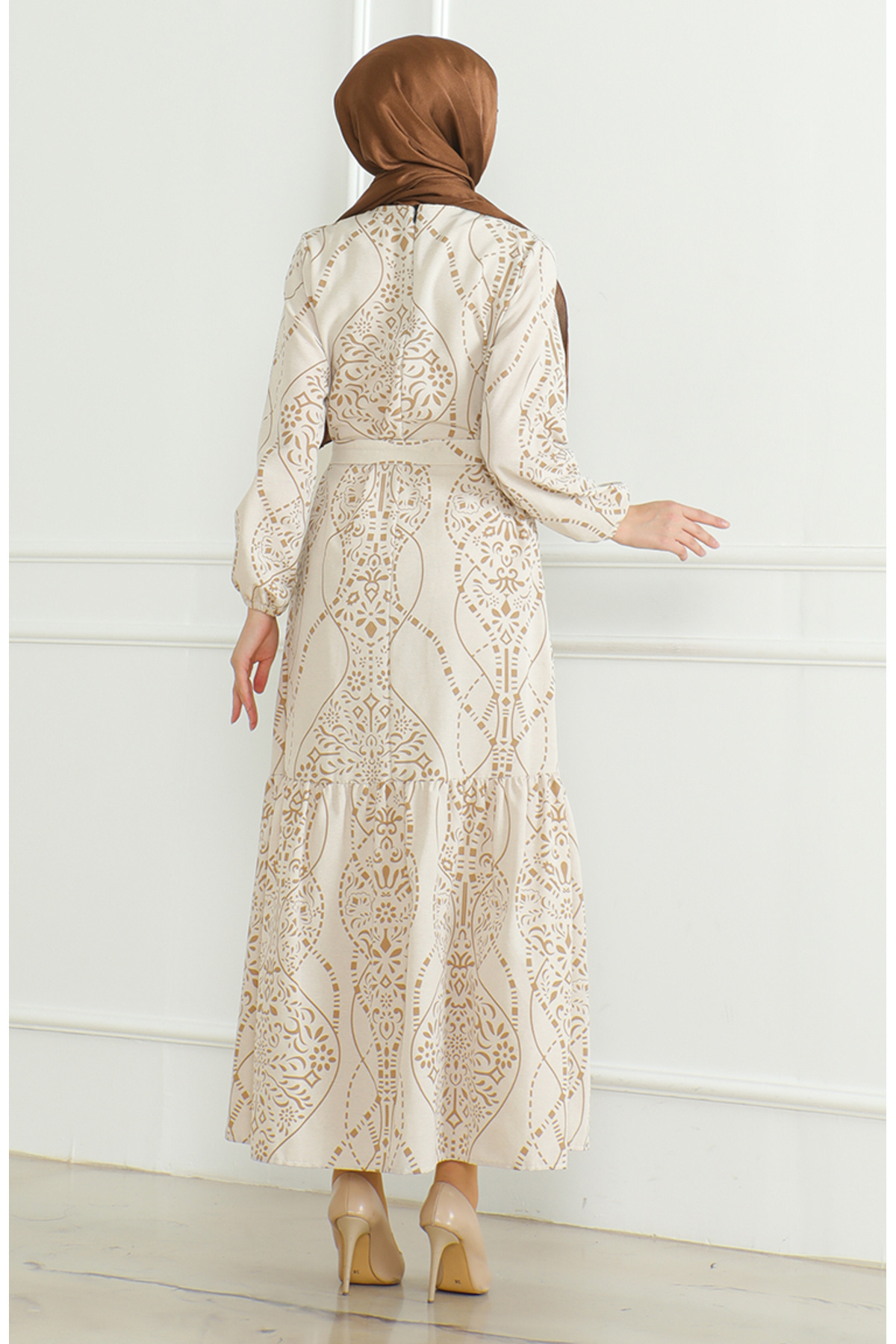 sefamerve-Leinenkleid 0471E-02 Beige Milchbraun – Gemustert und mit Gürtel 6
