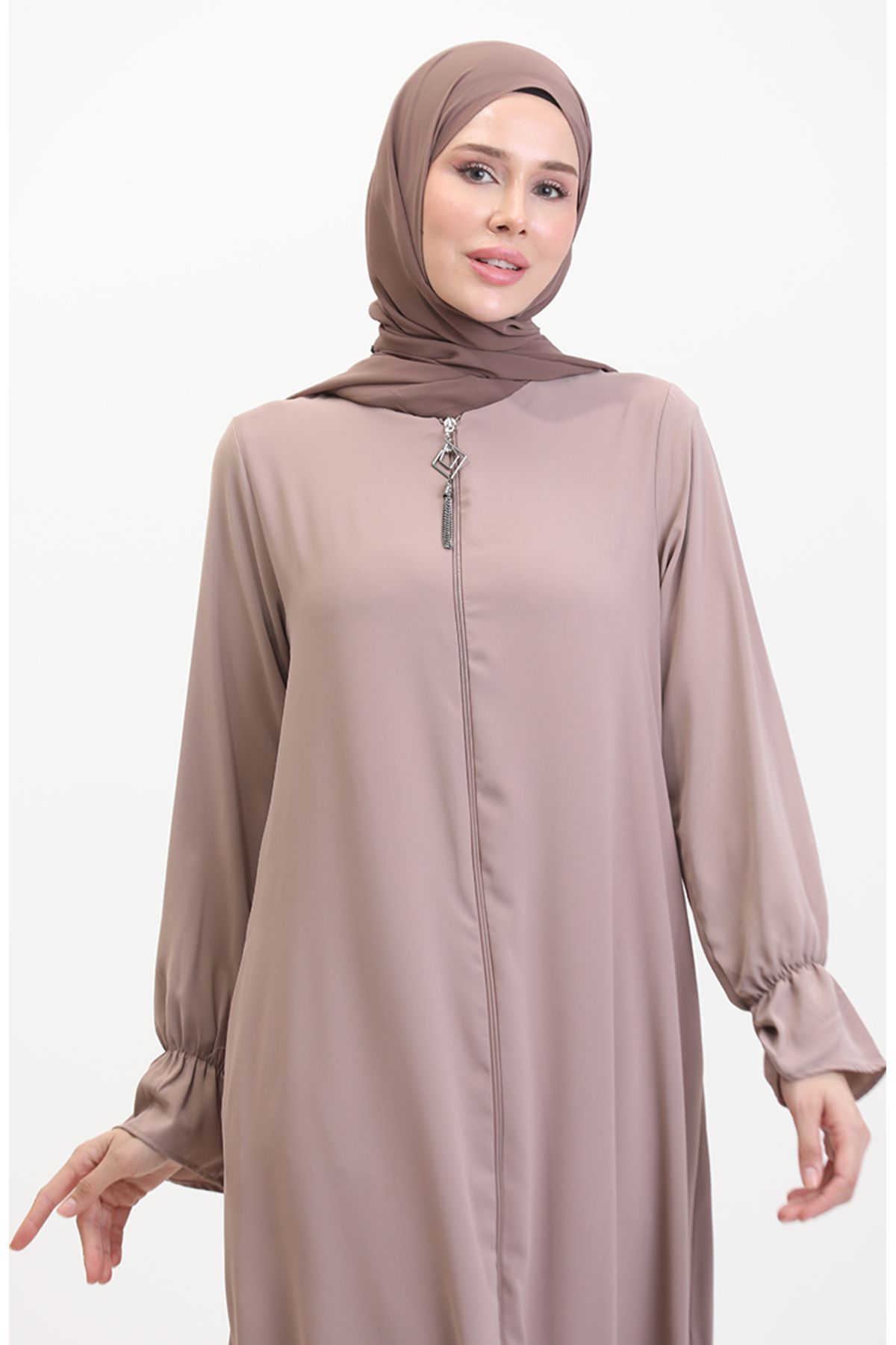 sefamerve-Mink Colored Ferace with Zipper and Elastic Arm - 0513-02 4