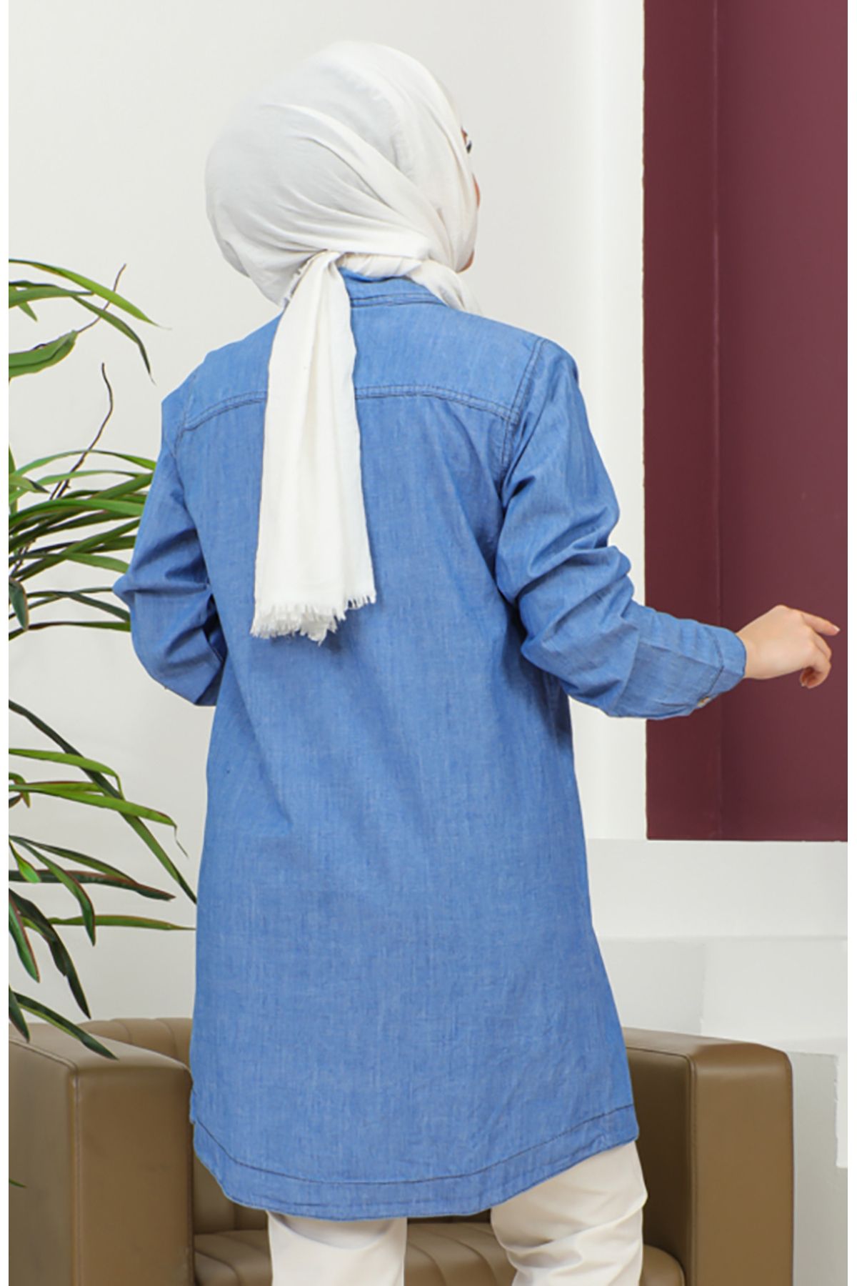 sefamerve-Cămașă lungă din denim cu nasturi - 30361-02 Albastru 5