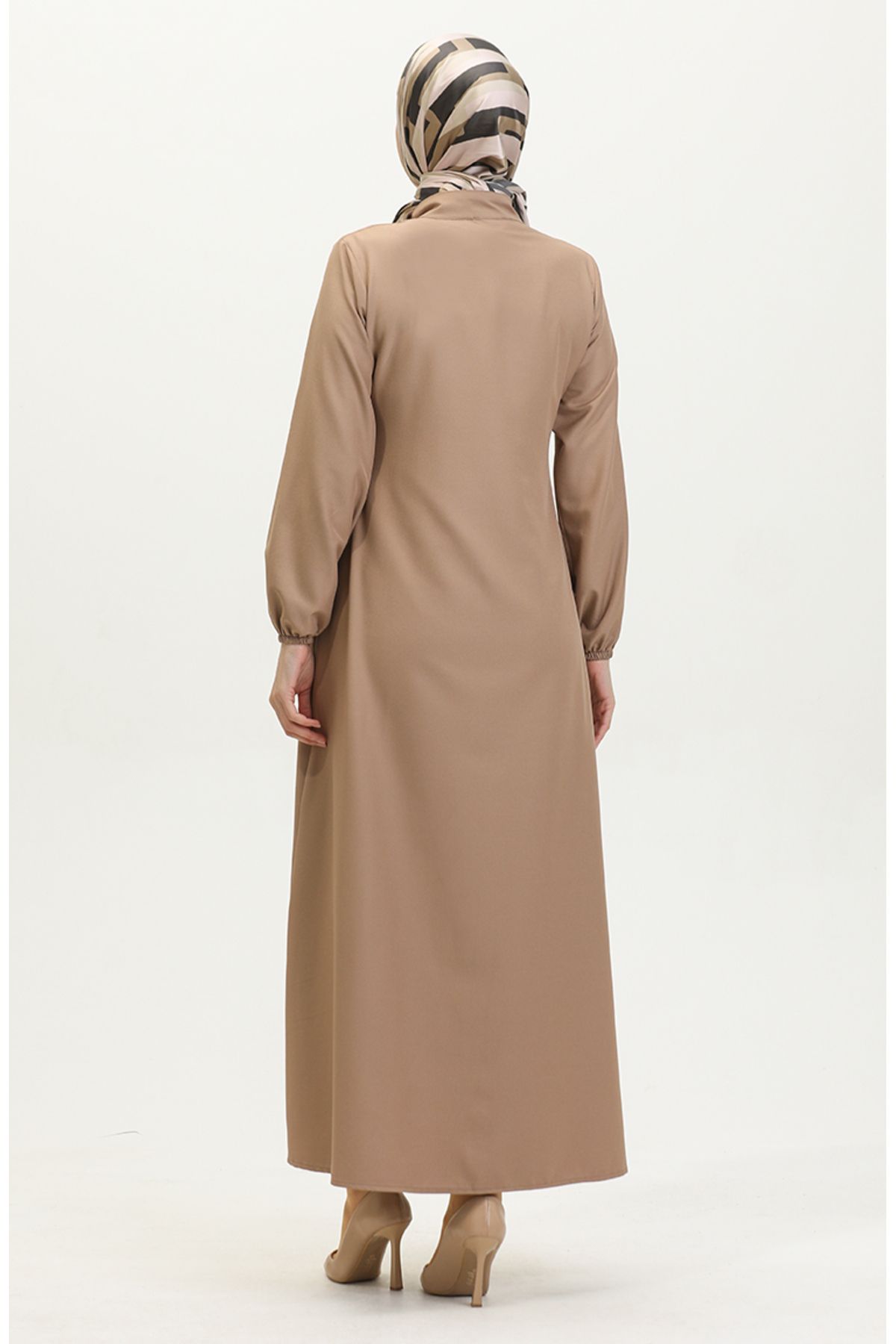 sefamerve-Beige Plain Ferace - Arm End with Elastics and Zipper 1013-04 6