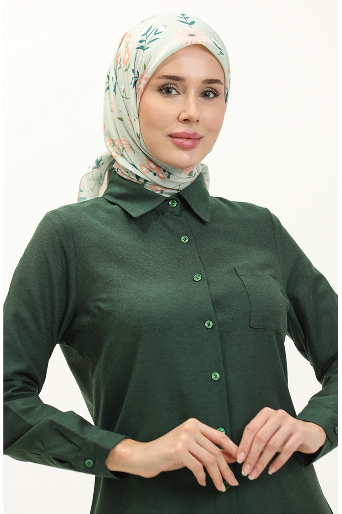 sefamerve-Emerald Green Tunic with Pockets and Buttons, Model 6472-20 3