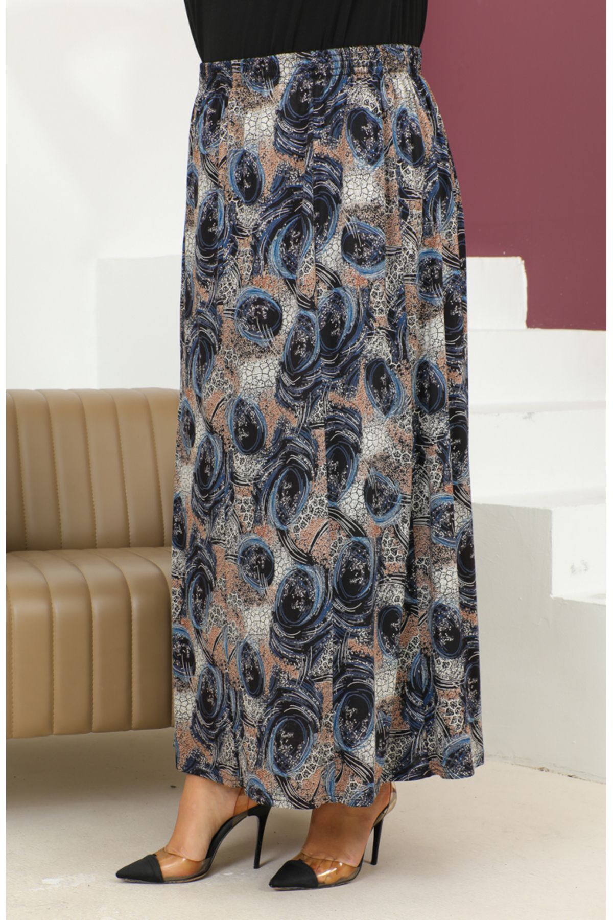 sefamerve-Blue Patterned Large Size Elastic Skirt - 2830-02 3