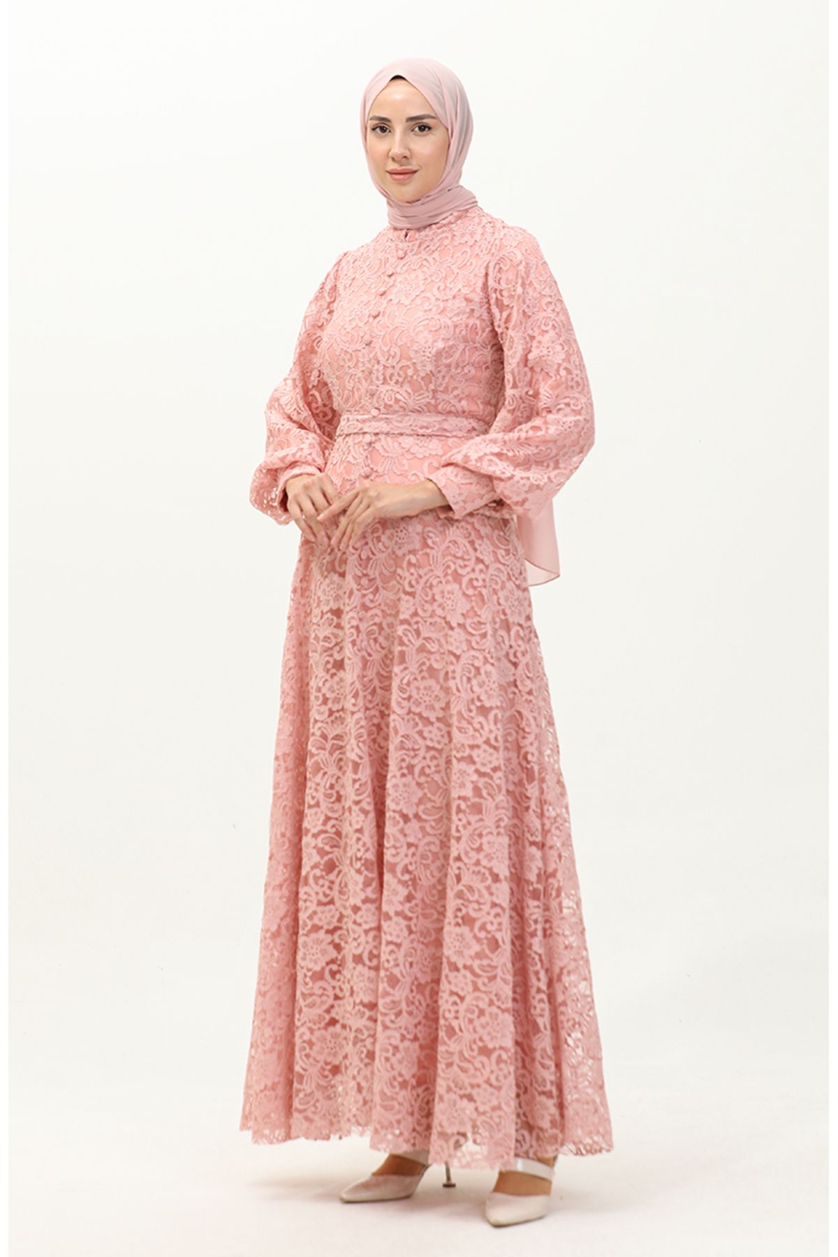 sefamerve-Powder Lace Detailed Evening Dress 5477A-04 2