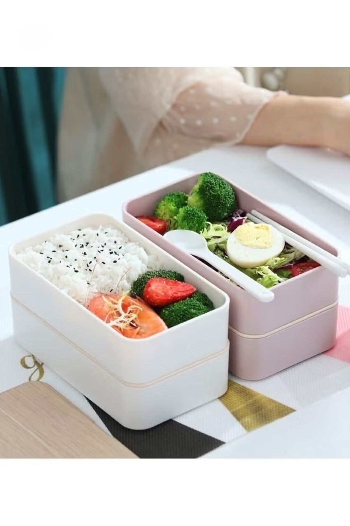 COOYA-Double Layer Lunch Box,Container Bundle Divider with Plastic Cutlery and Nylon Sealing Tape(1200ml) 5