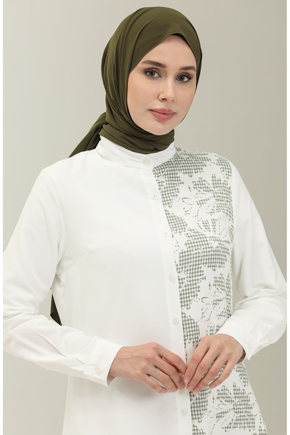 sefamerve-Khaki Viscose Printed Tunic - 2557-01 Model 3