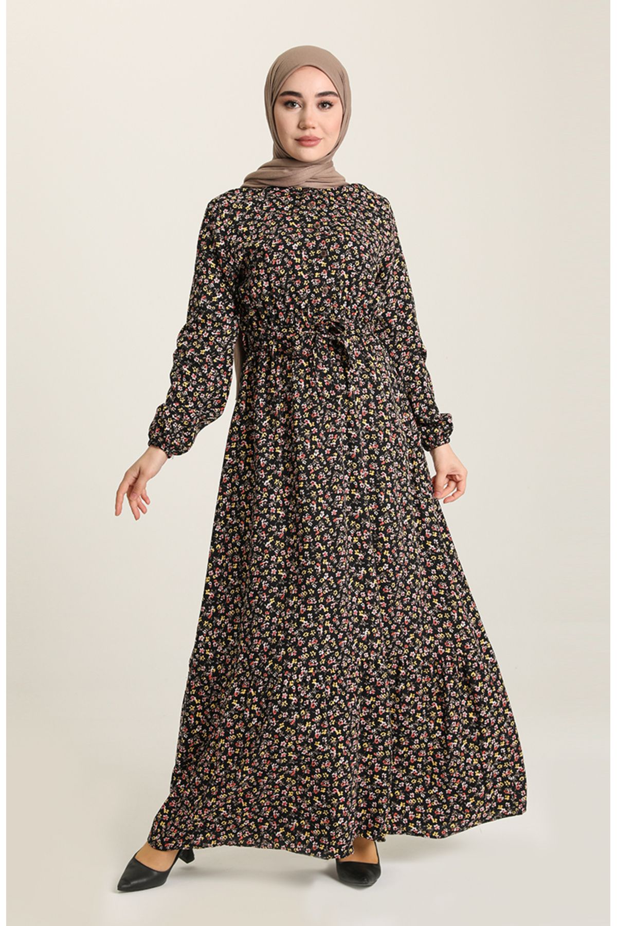 sefamerve Rochie Neagră Cu Imprimeu Floral - 4066-01 Femeie - 38