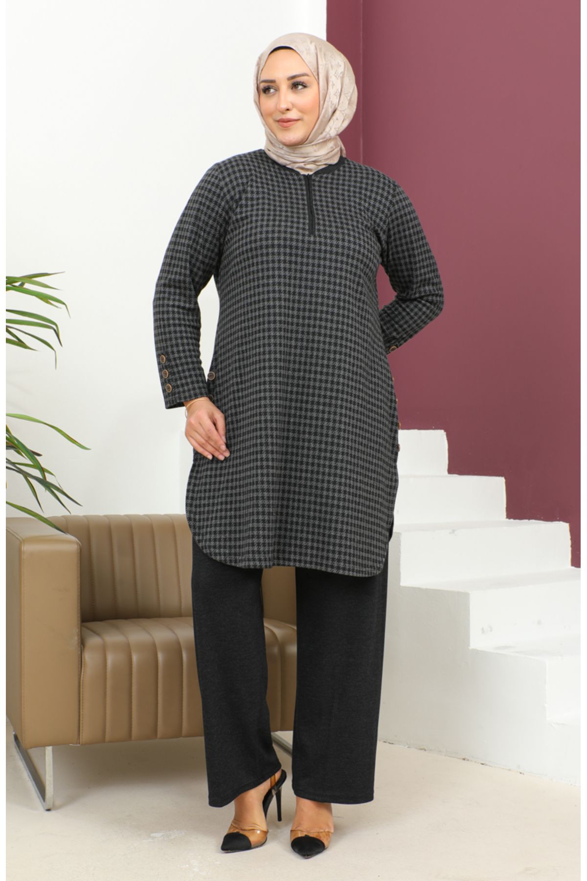 sefamerve-Black Large Size Double Set - Houndstooth Patterned 2692K-01 3