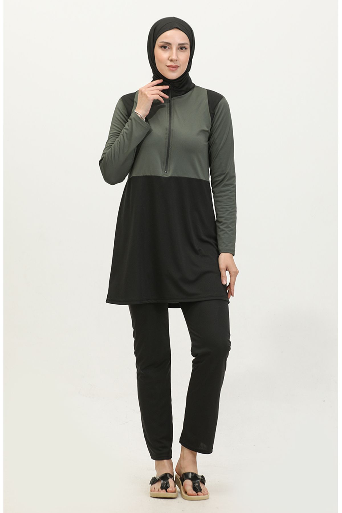sefamerve-2317-04 Modell Khaki Schwarz Zipped Hijab Badeanzug 2