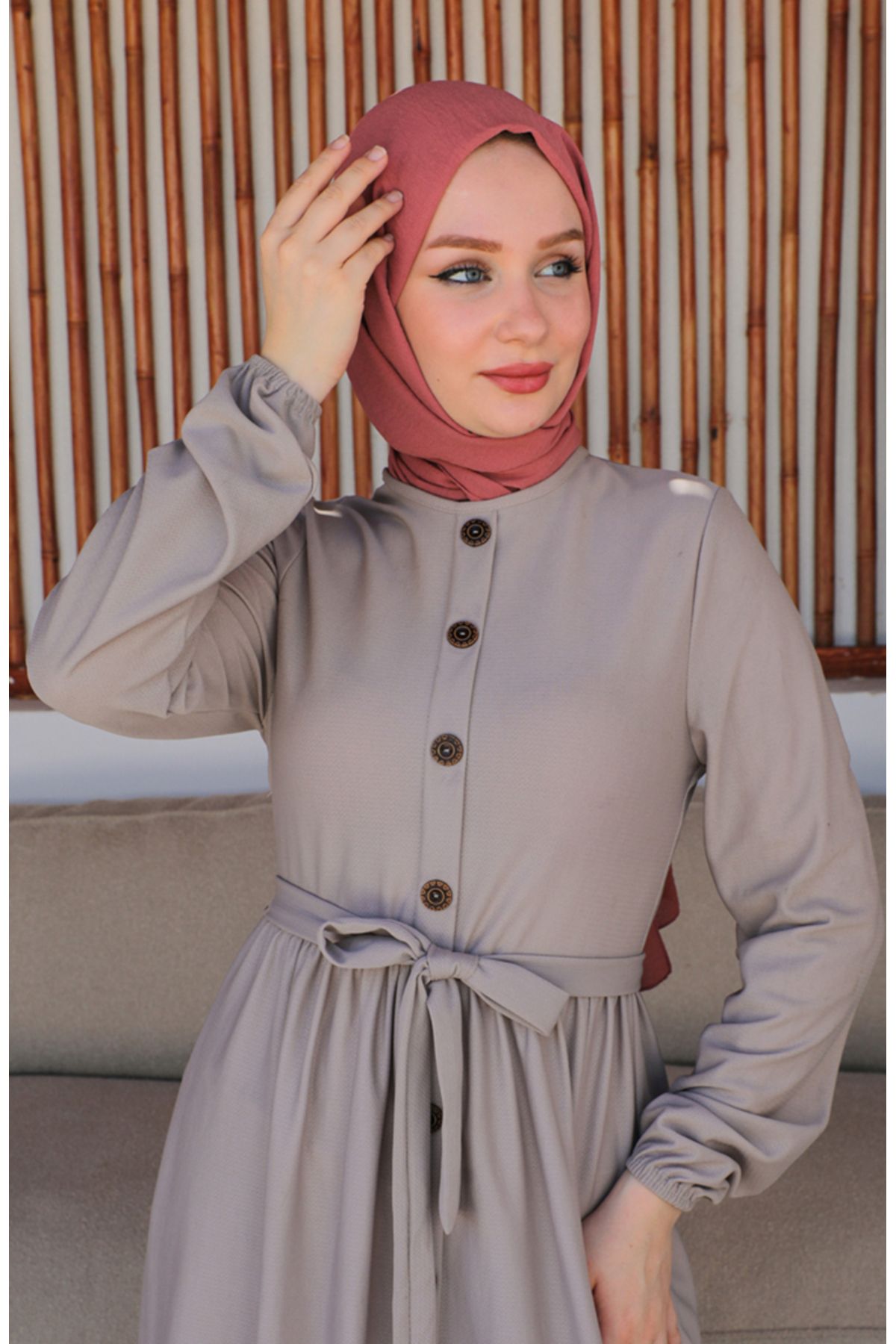 sefamerve-Φόρεμα Mink Belted - Button Detailed 7878-01 5