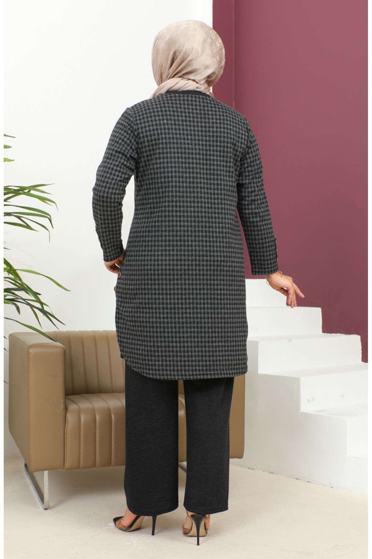 sefamerve-Black Large Size Double Set - Houndstooth Patterned 2692K-01 5