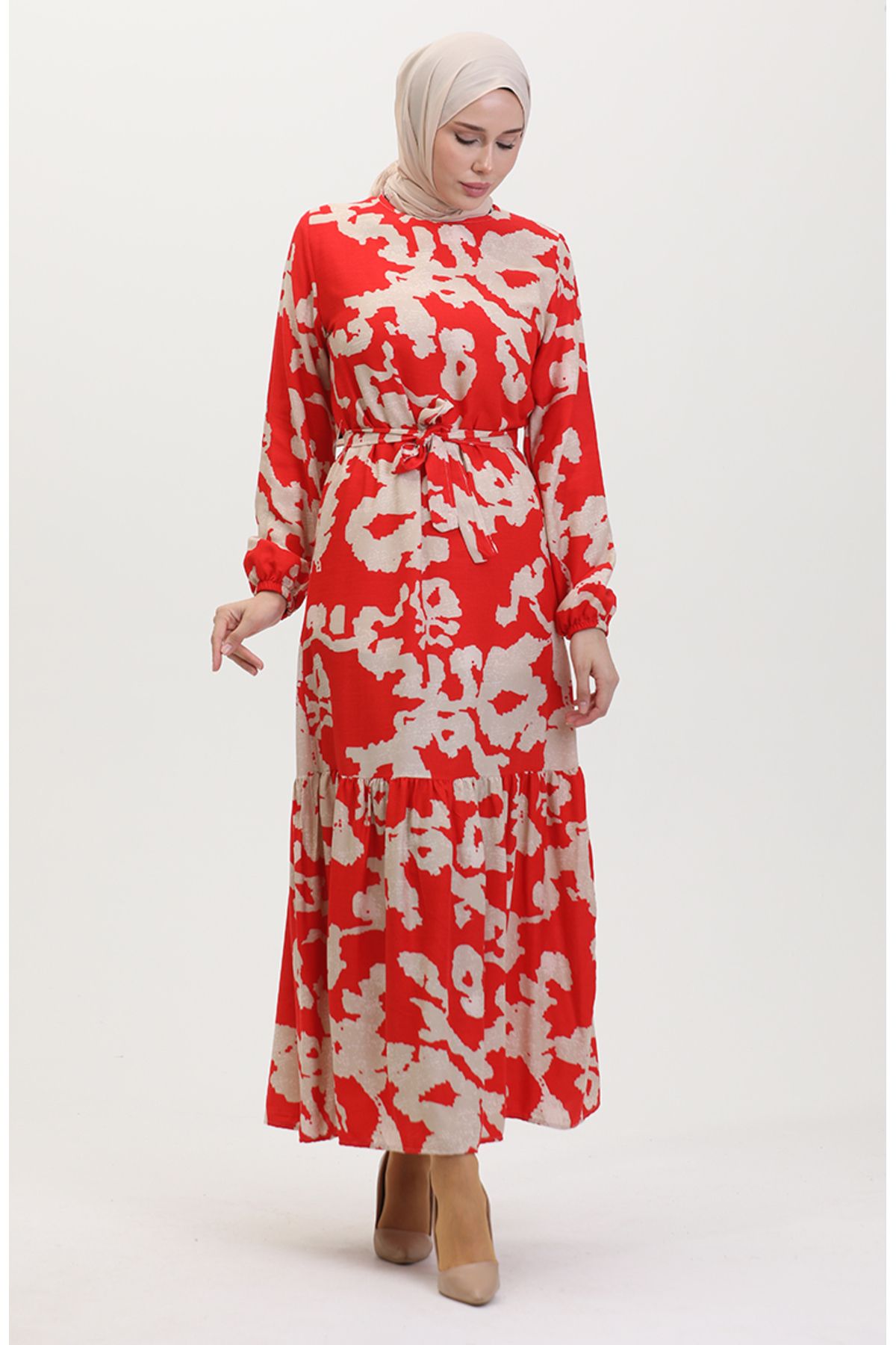 sefamerve-Rotes, gemustertes Kleid mit gerafftem Saum – 0451-07 3