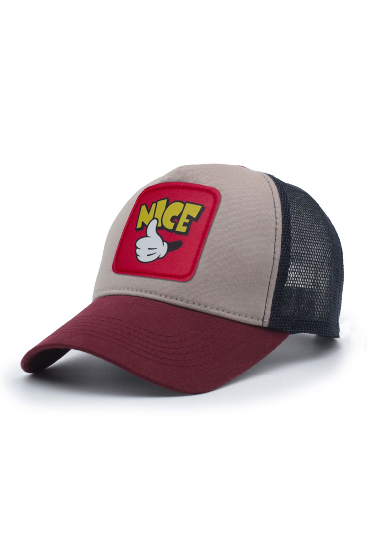 Trucker Mickey Hand Model Değiştirilebilir Armalı Fileli Şapka Bordo Gri Lacivert