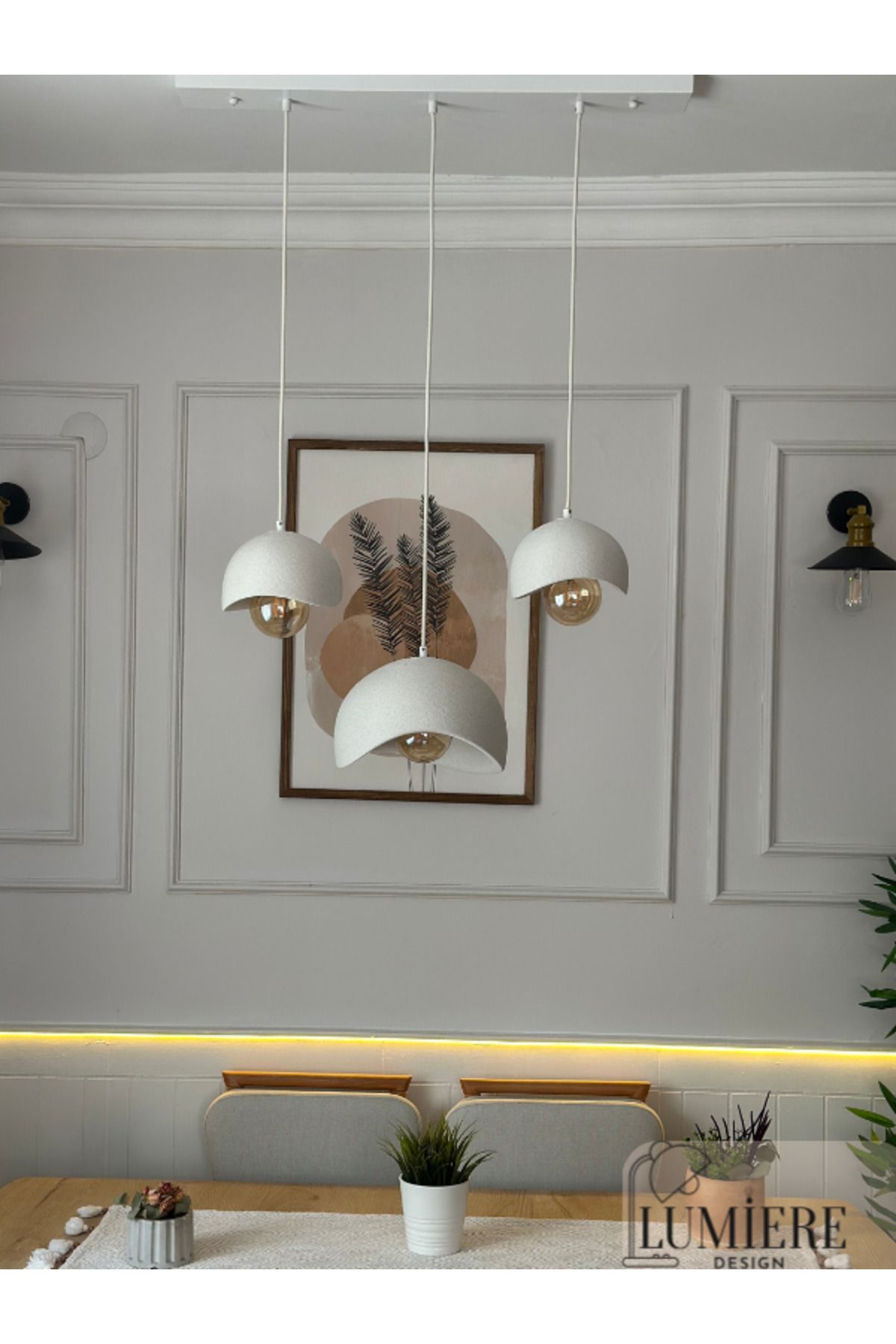 Lumiere Beton Görünümlü İskandinav Bohem 3’lü Sarkıt Avize - Yemek Masası Salon Avize + Ampul Dahil