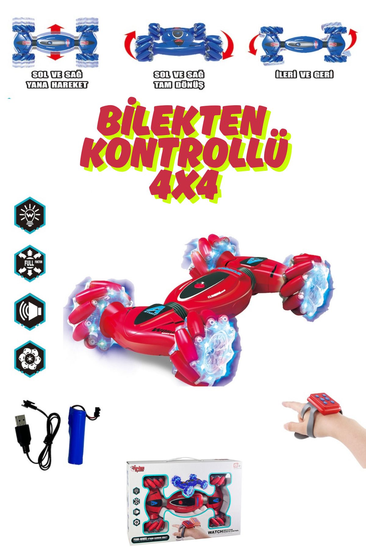 welcomein Oyuncak Bilekten Kontrollü Şarjlı 2.4G Işıklı Ve Müzikli Bileklik Kumandalı Akrobat Araba
