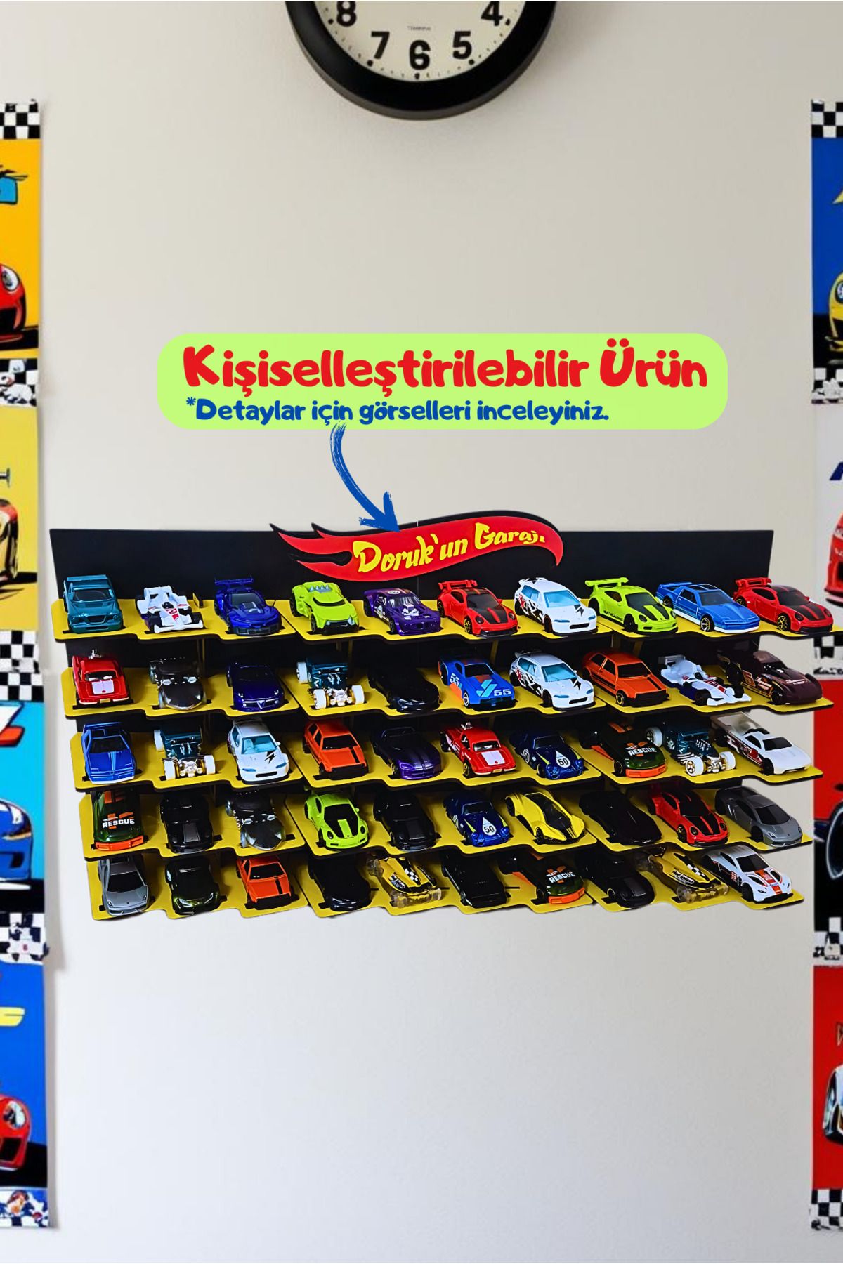 Oyuncak Araba Rafı 50 Araçlık Sarı - Kişiye Özel - (1/64 ÖLÇEKLİ ARABALAR IÇİN UYGUNDUR)