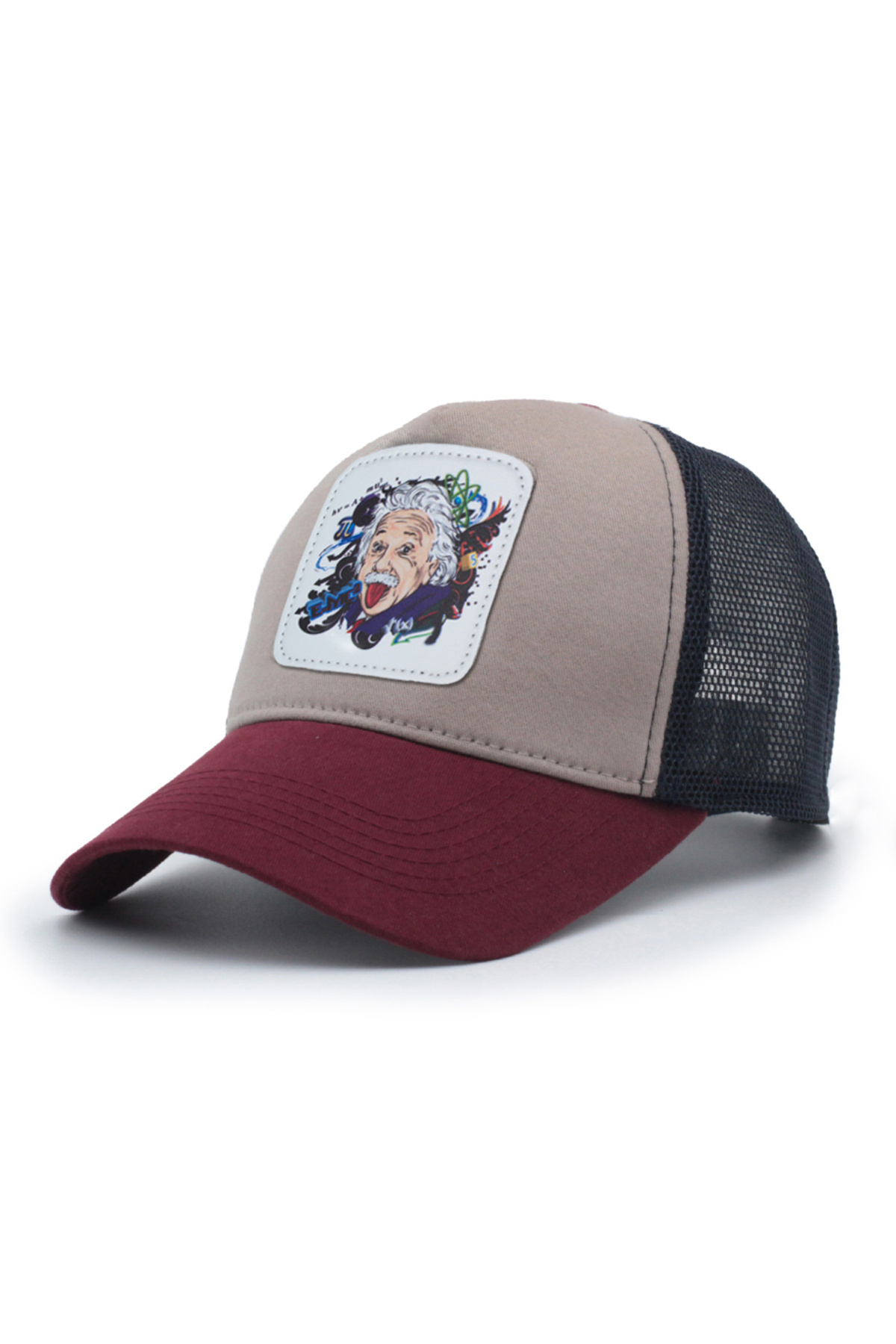 Trucker-Einstein Colorful Model Interchangeable Emblem Mesh Hat Claret Red Gray Navy Blue 1