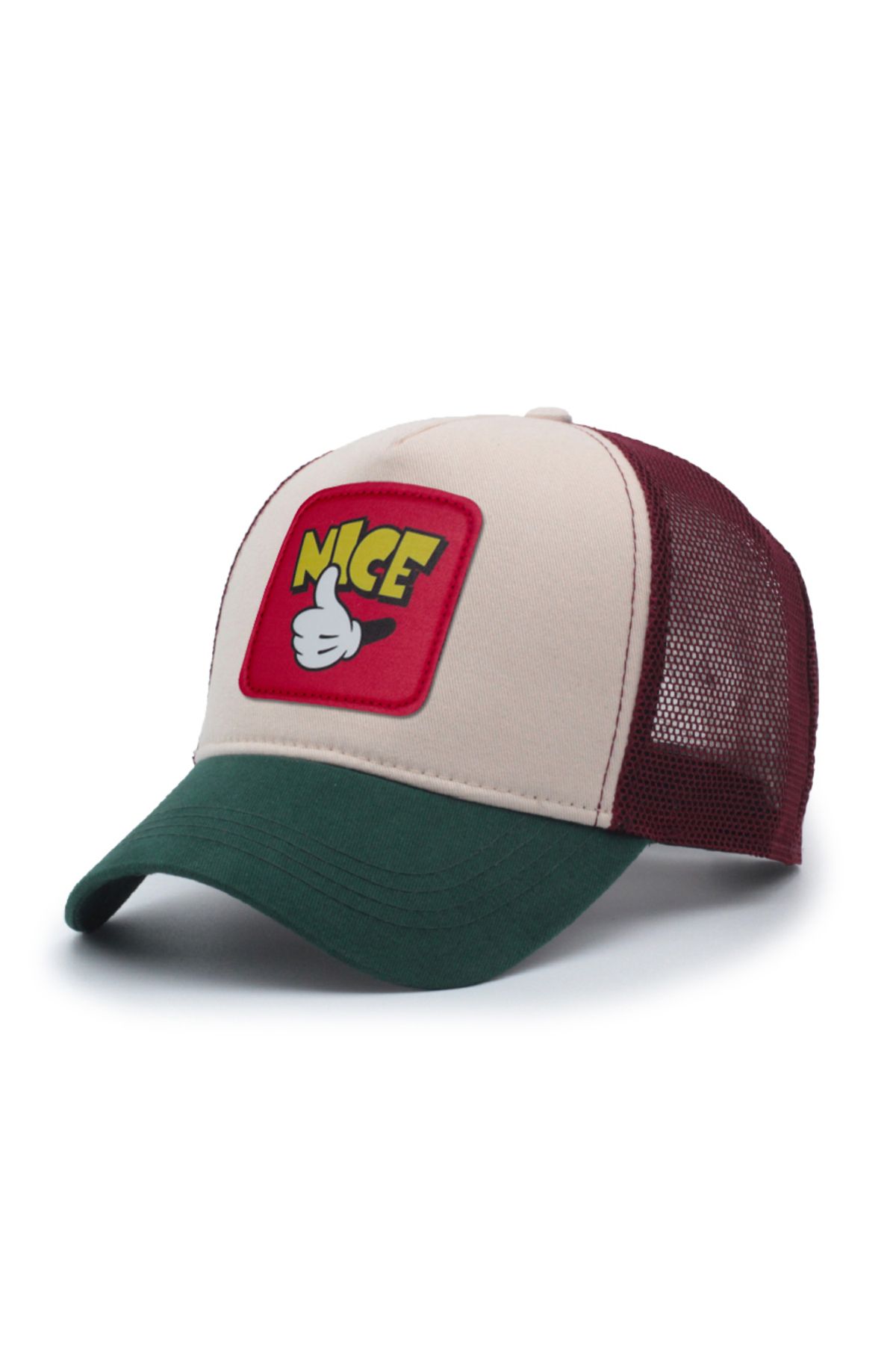 Trucker Mickey Hand Model Değiştirilebilir Armalı Fileli Şapka Yeşil Bej Bordo