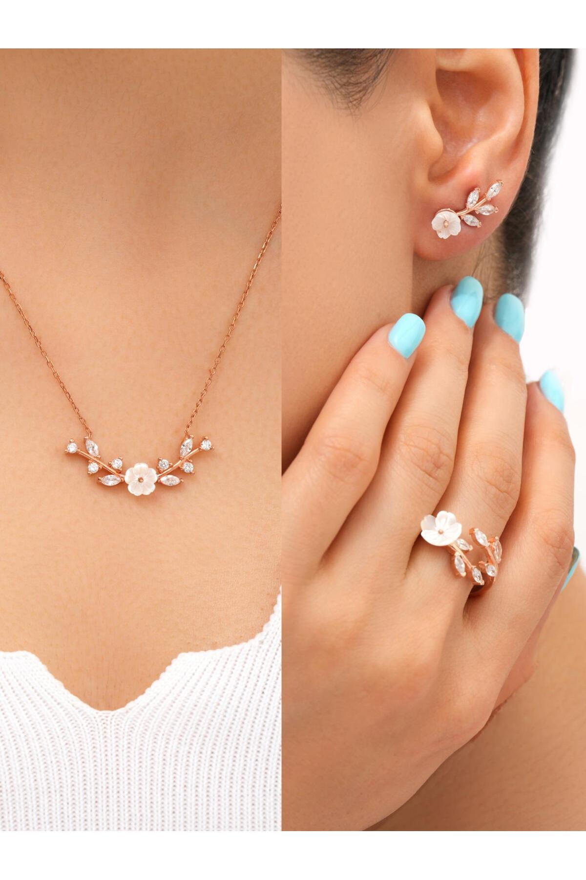 Siset Gümüş 925 Ayar Rose Kaplama Manolya Çiçekli Yaprak Model Gümüş Set