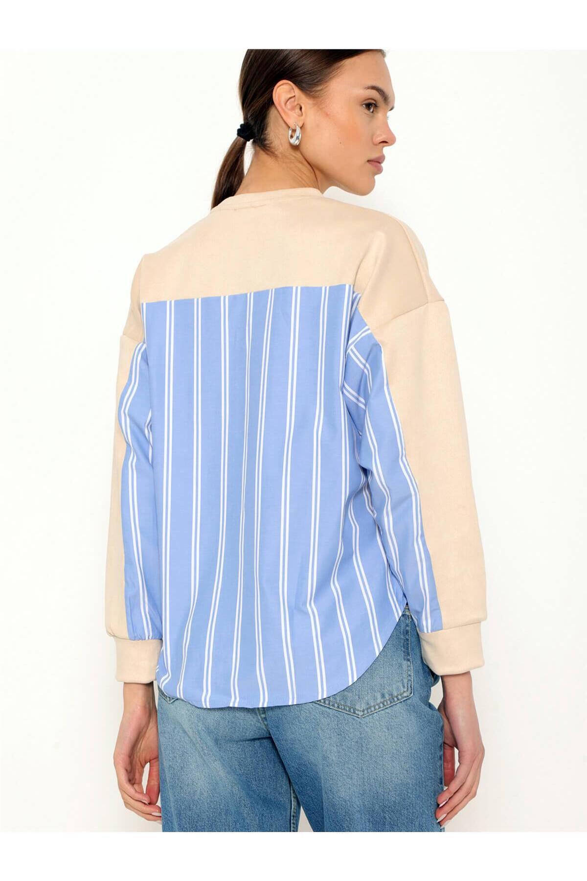 Coral-Striped Shirt Garnished Pearled Sweatshirt Beige 2