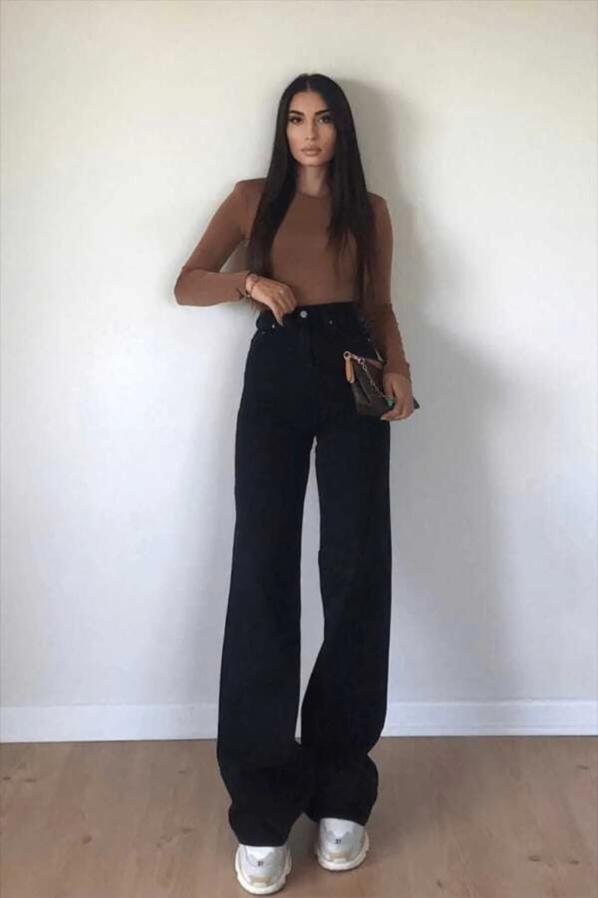 WODDİ Duryn Samyy Kadın Jeans Siyah Salaş Yüksek Bel Likralı Palazzo Kot Pantolon