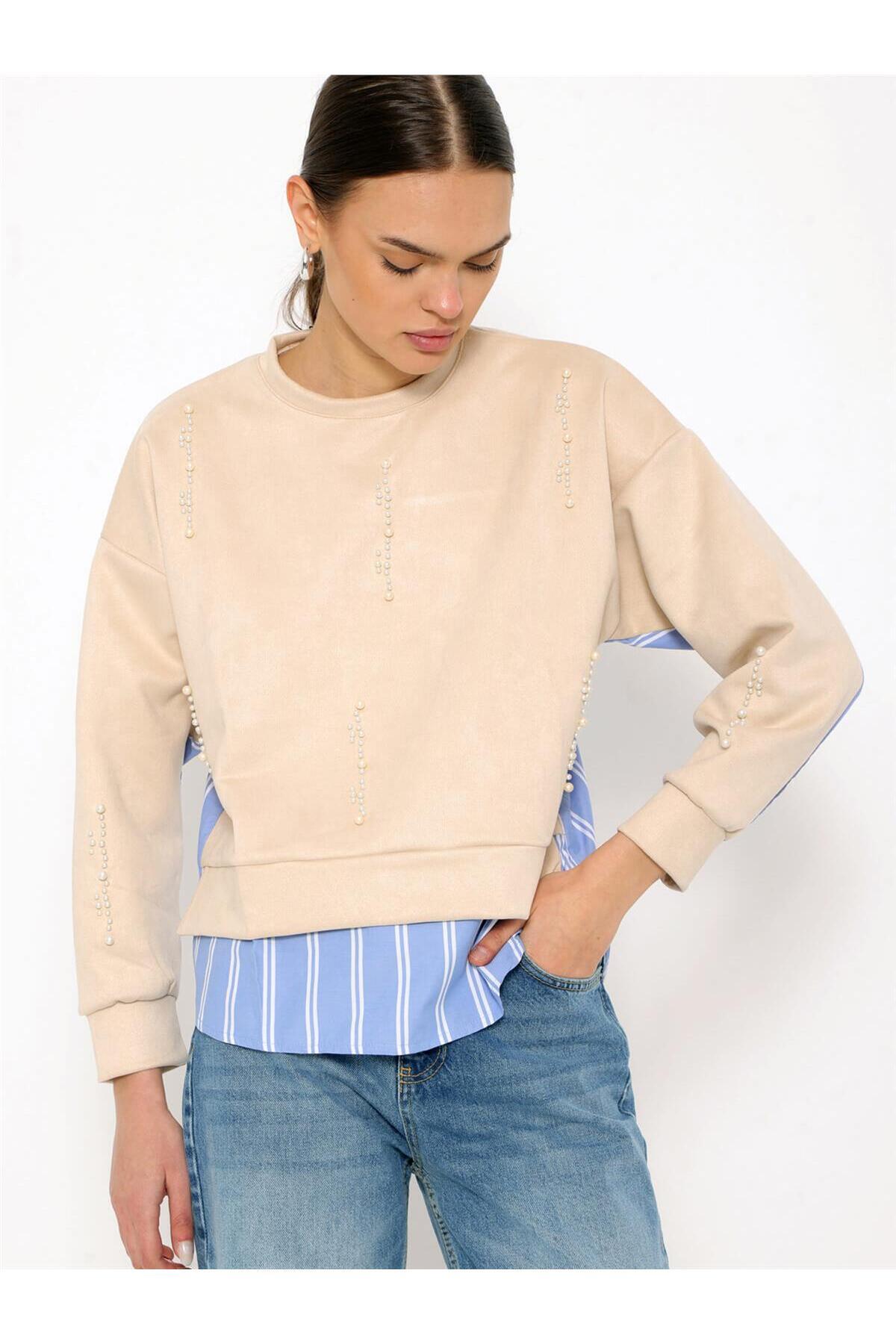 Coral-Striped Shirt Garnished Pearled Sweatshirt Beige 5